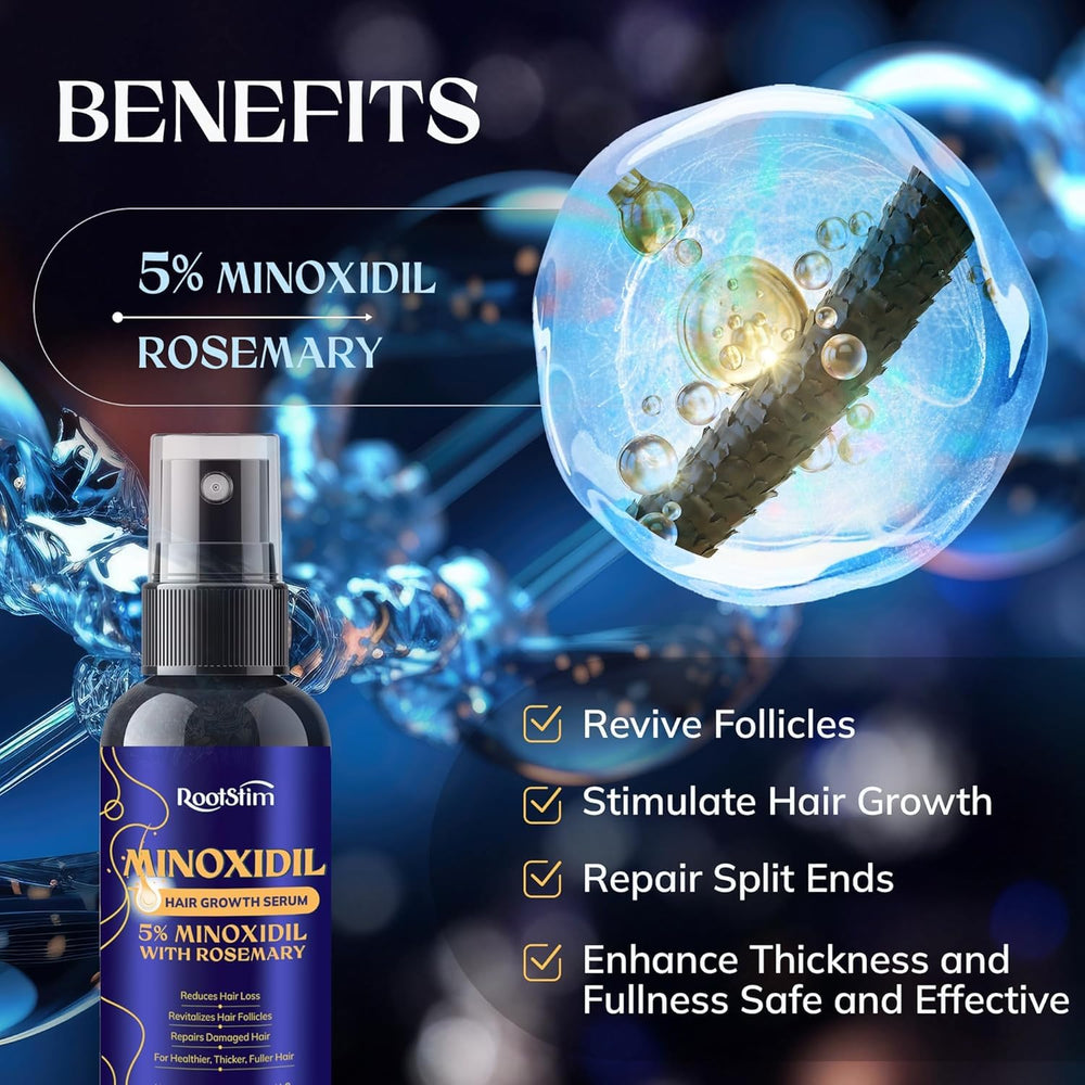 RootStim rosemary formula bottle close-up for daily scalp care.