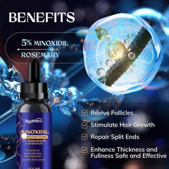 RootStim minoxidil rosemary label close-up highlighting rosemary formula for stronger-looking hair.