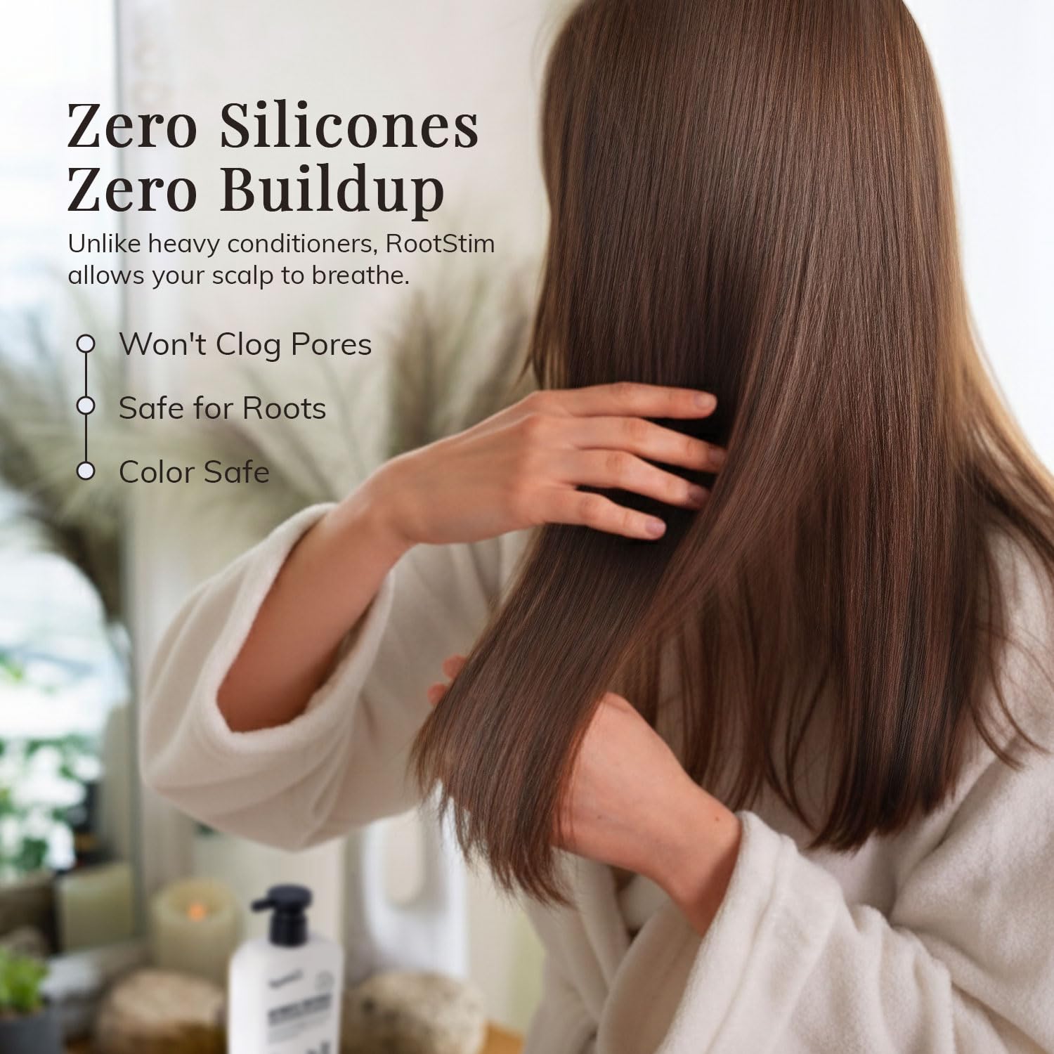 After-use shine from RootStim Rosemary Conditioner on healthy-looking hair