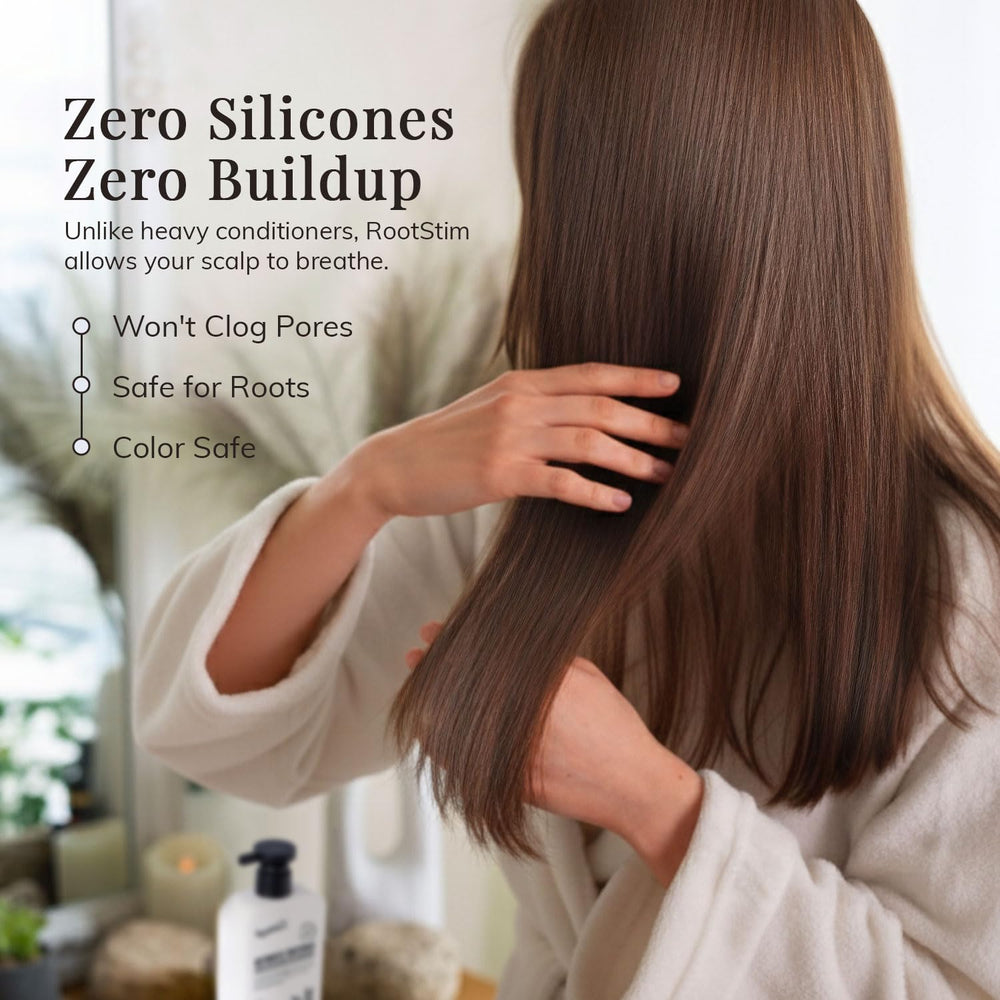 After-use shine from RootStim Rosemary Conditioner on healthy-looking hair