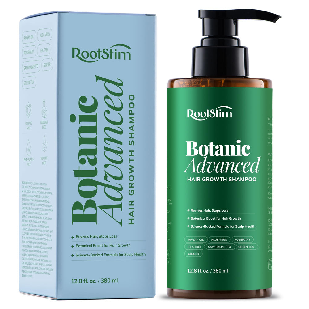 RootStim Hair Growth Shampoo bottle showing rosemary formula for scalp care.
