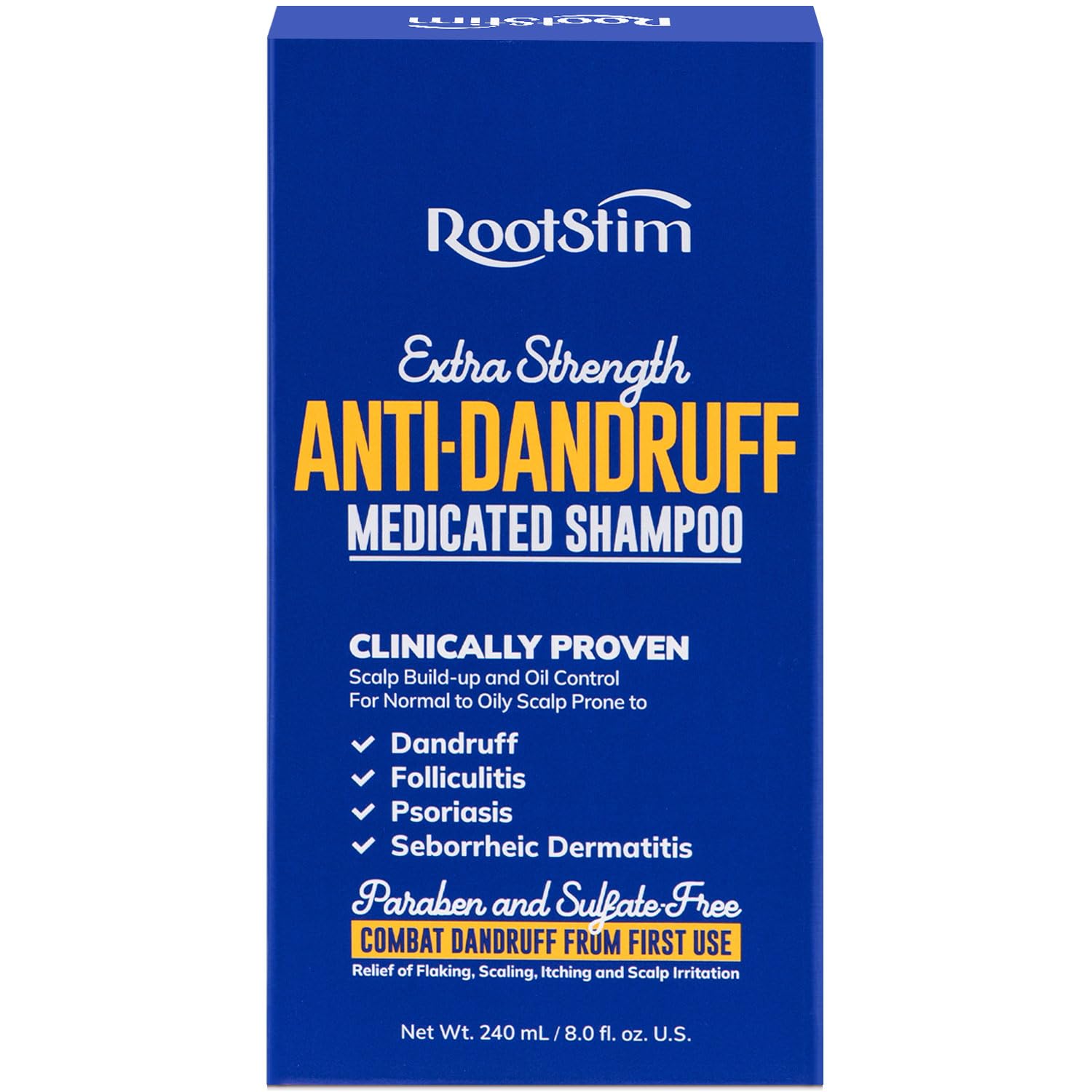 RootStim seborrheic-dermatitis-shampoo bottle shows medicated formula for flakes relief.