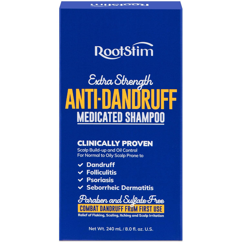 RootStim seborrheic-dermatitis-shampoo bottle shows medicated formula for flakes relief.