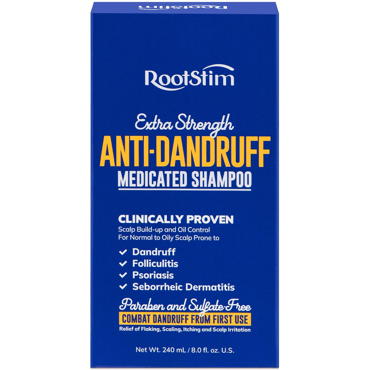 RootStim seborrheic-dermatitis-shampoo bottle shows medicated formula for flakes relief.