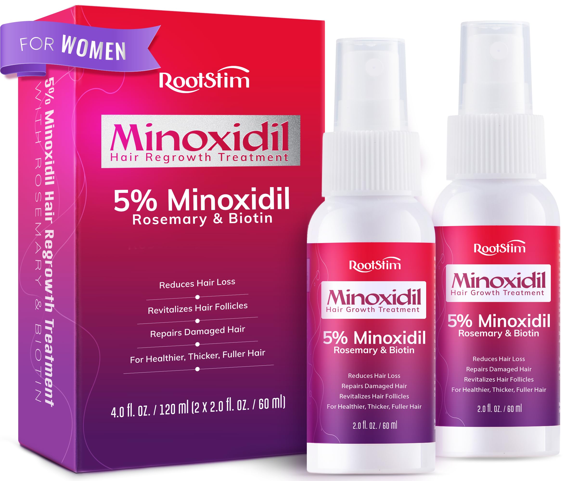 RootStim Women's 5% Minoxidil spray bottle shown for daily use and 60ml capacity