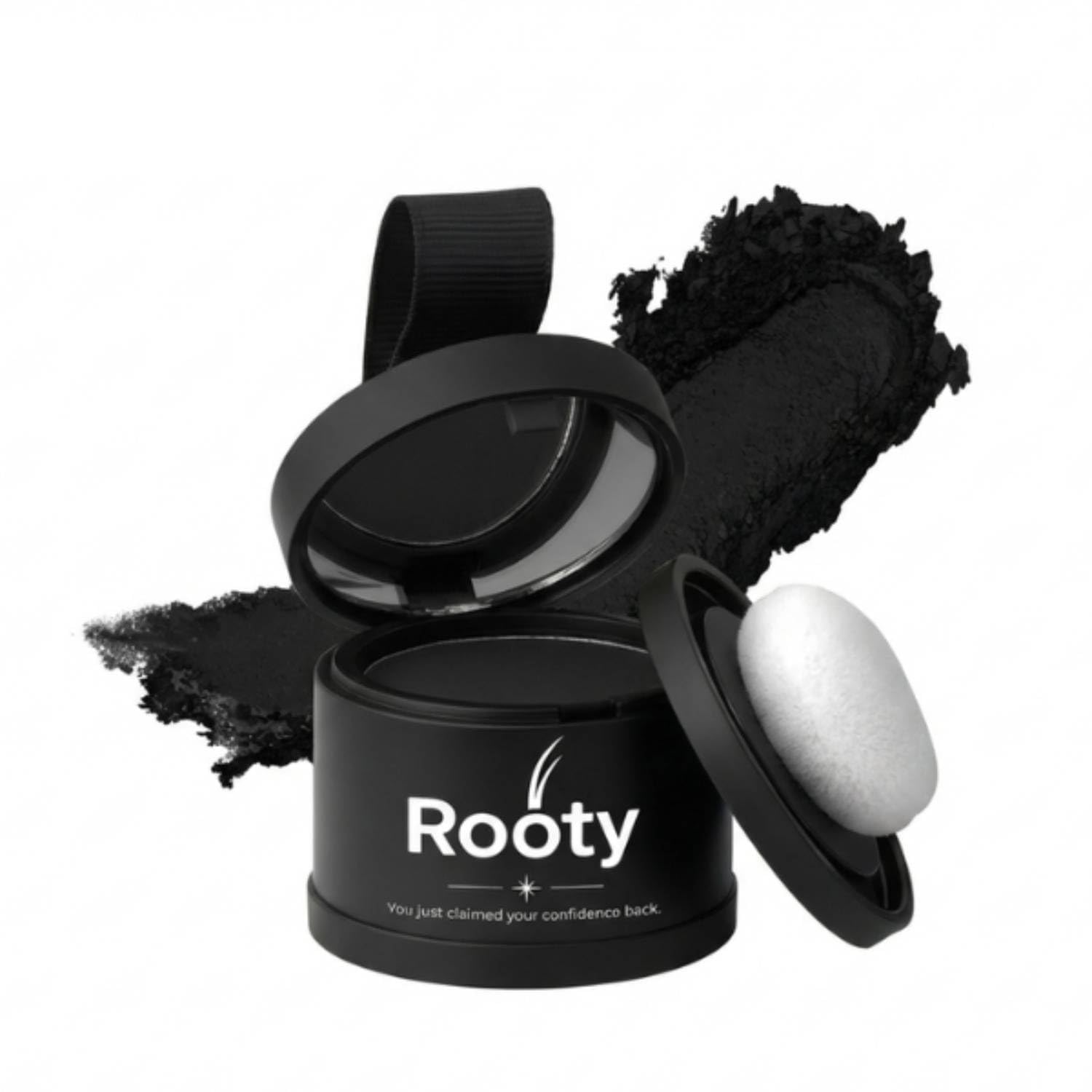 ROOTY Hairline Powder in action delivering instant natural black coverage and lasting hold.