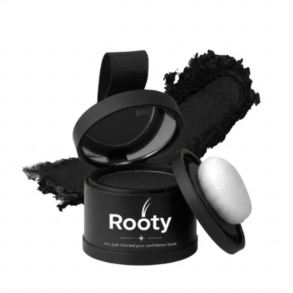 ROOTY Hairline Powder in action delivering instant natural black coverage and lasting hold.