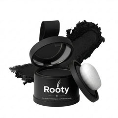 ROOTY Hairline Powder in action delivering instant natural black coverage and lasting hold.