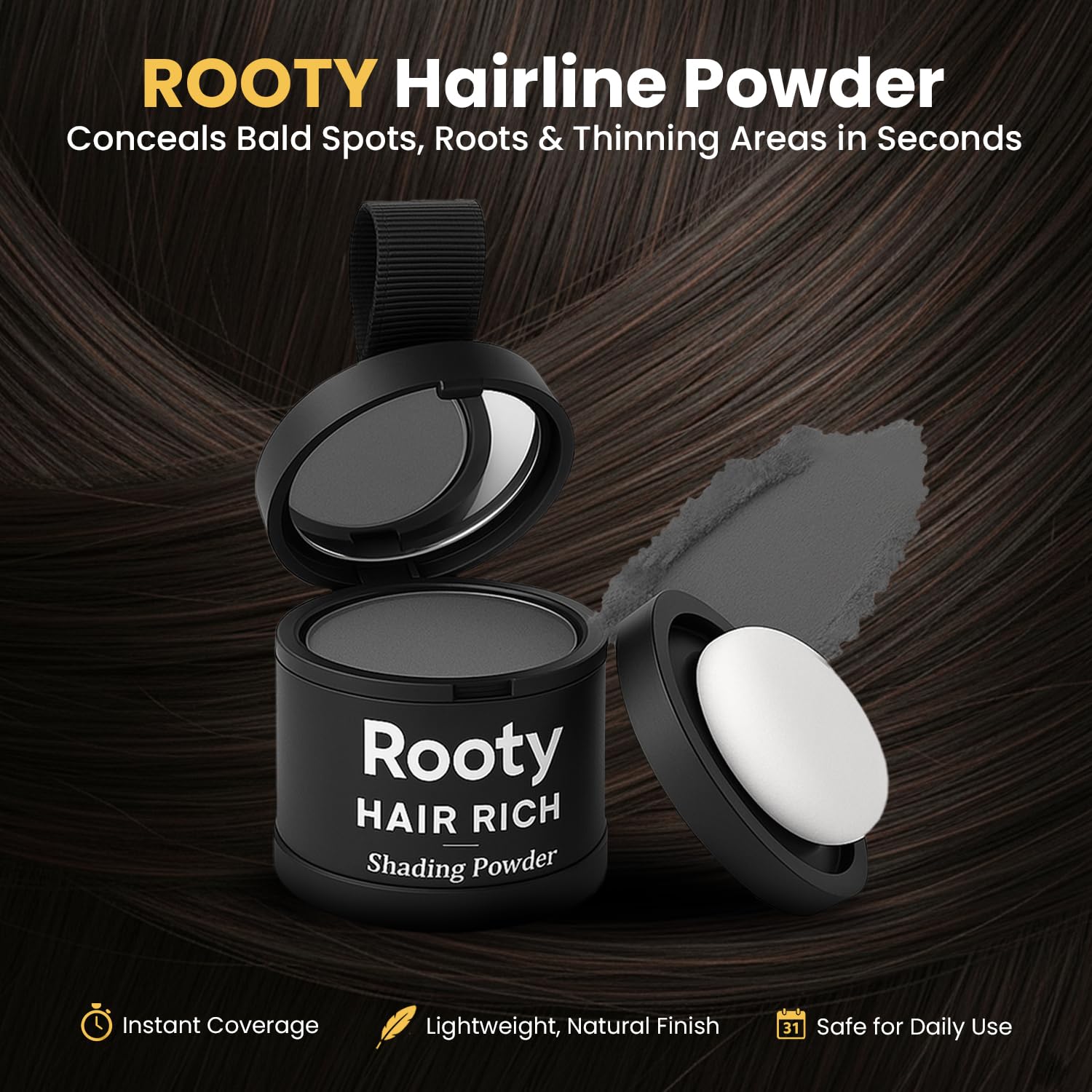 ROOTY Hairline Powder application close-up showing seamless blend on thinning areas.