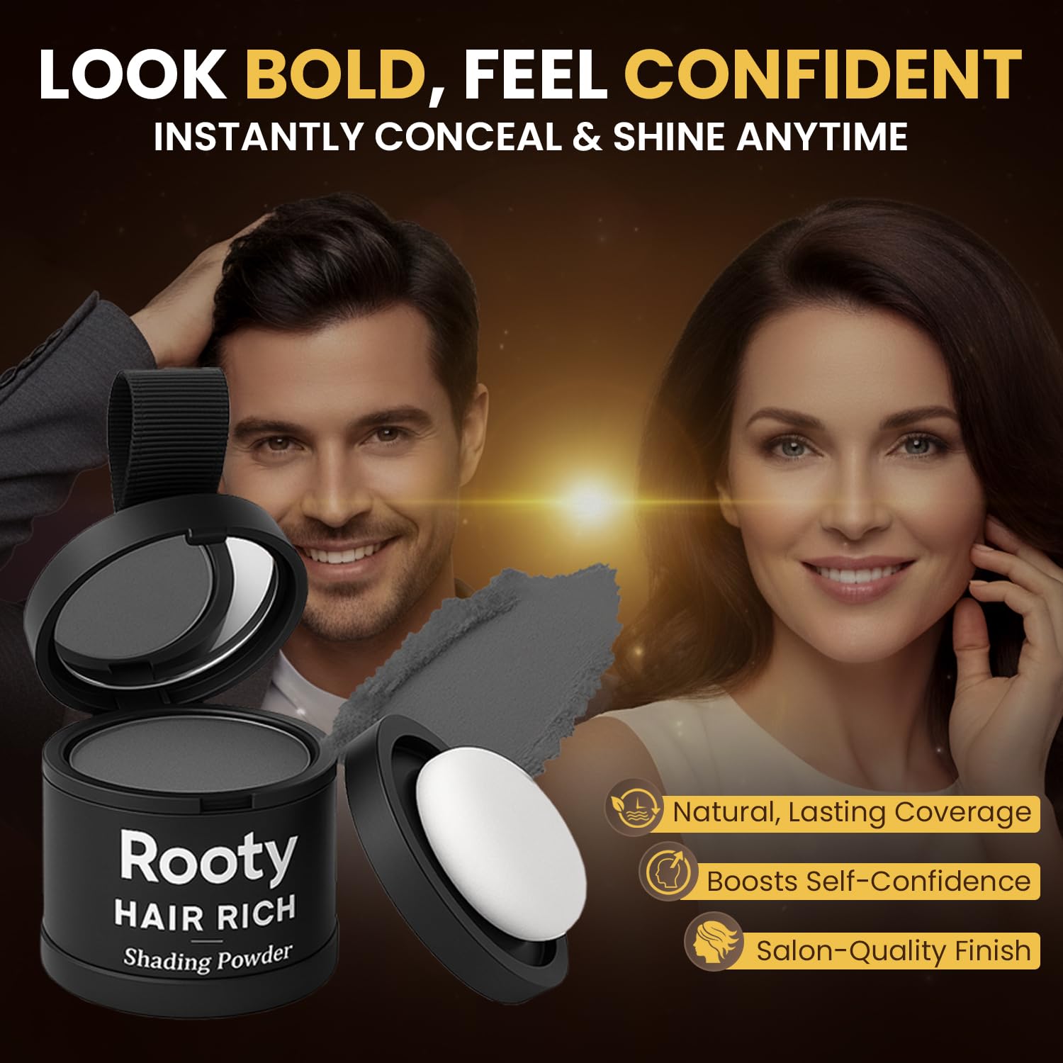ROOTY powder brush-on application for precise edges and natural finish.