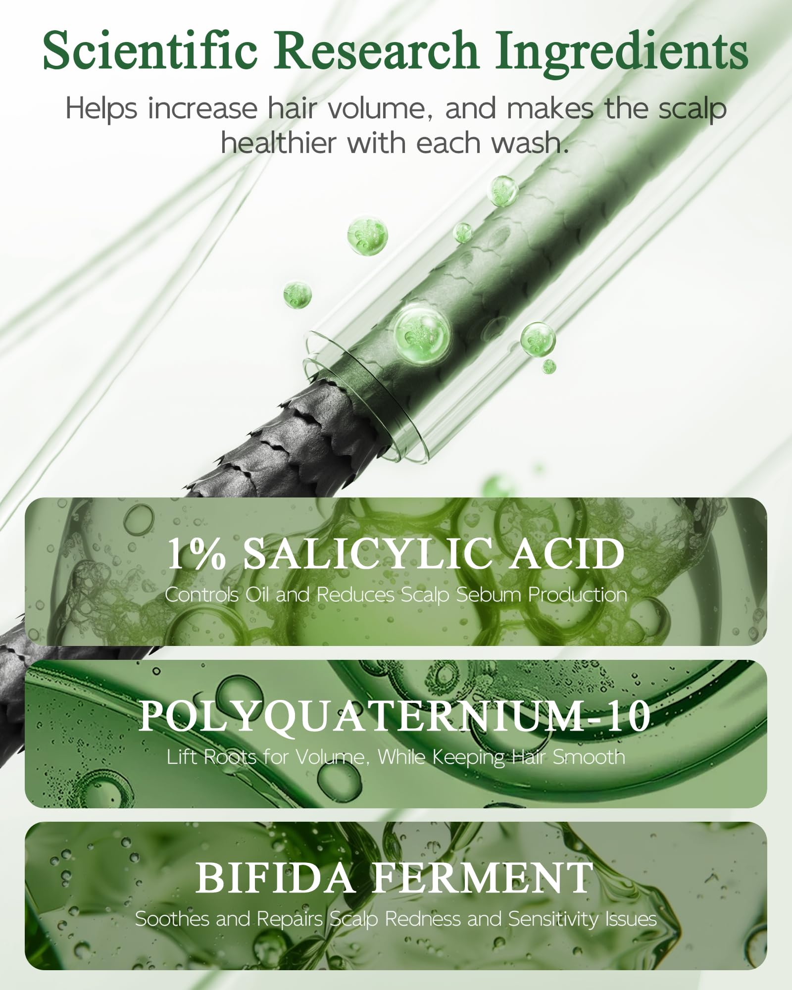Hydration-focused image suggests 4D hyaluronic acid helps scalp moisture balance.
