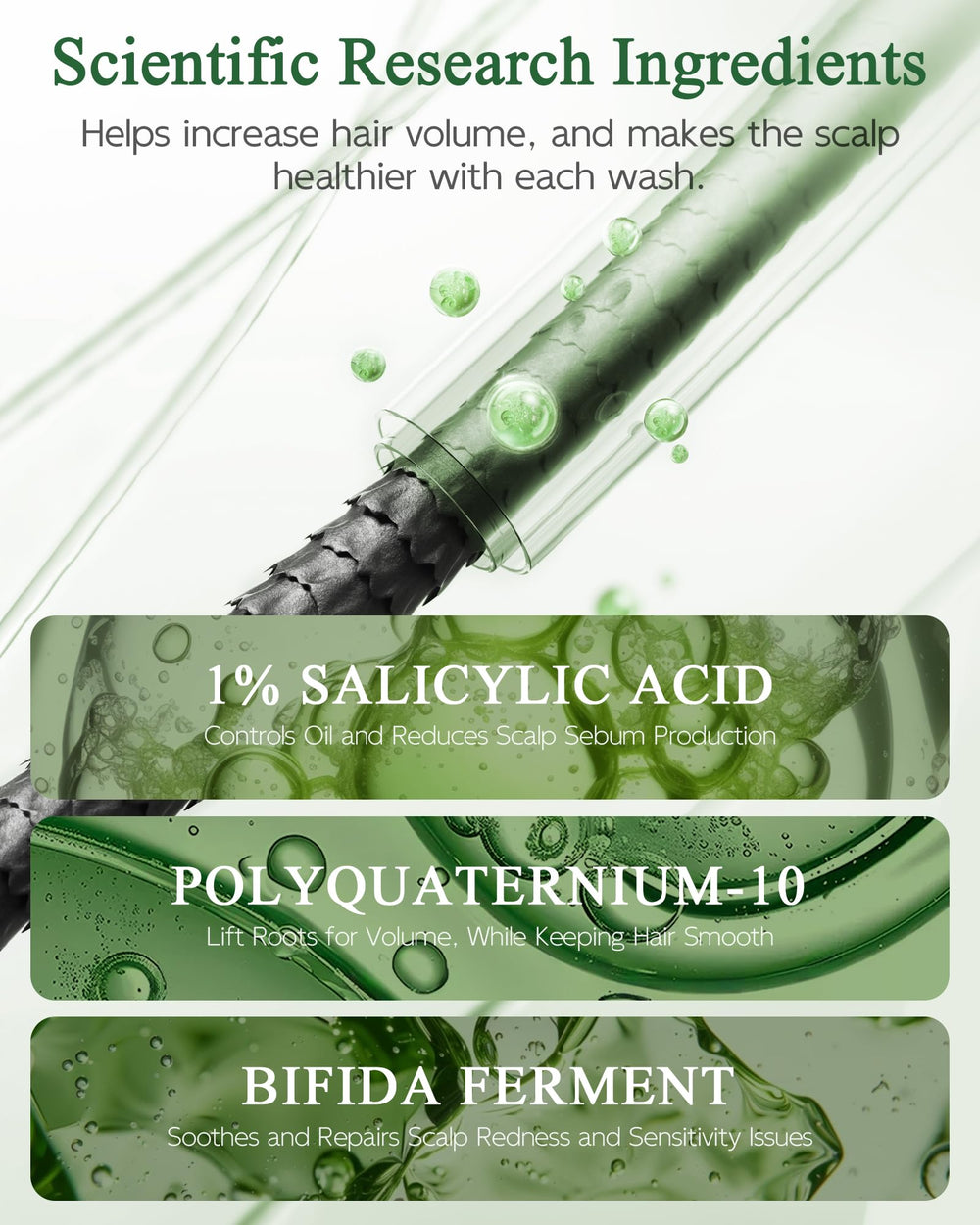 Hydration-focused image suggests 4D hyaluronic acid helps scalp moisture balance.