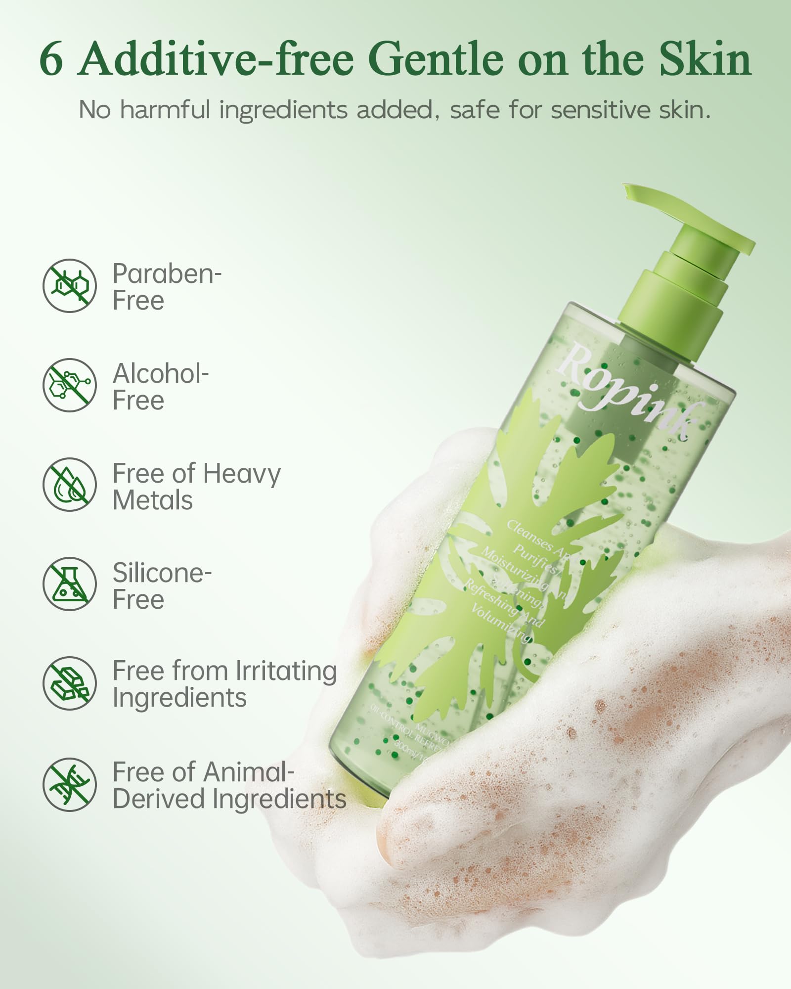 Bottle against a clean sink emphasizes a soothing, silicone-free daily cleanse.