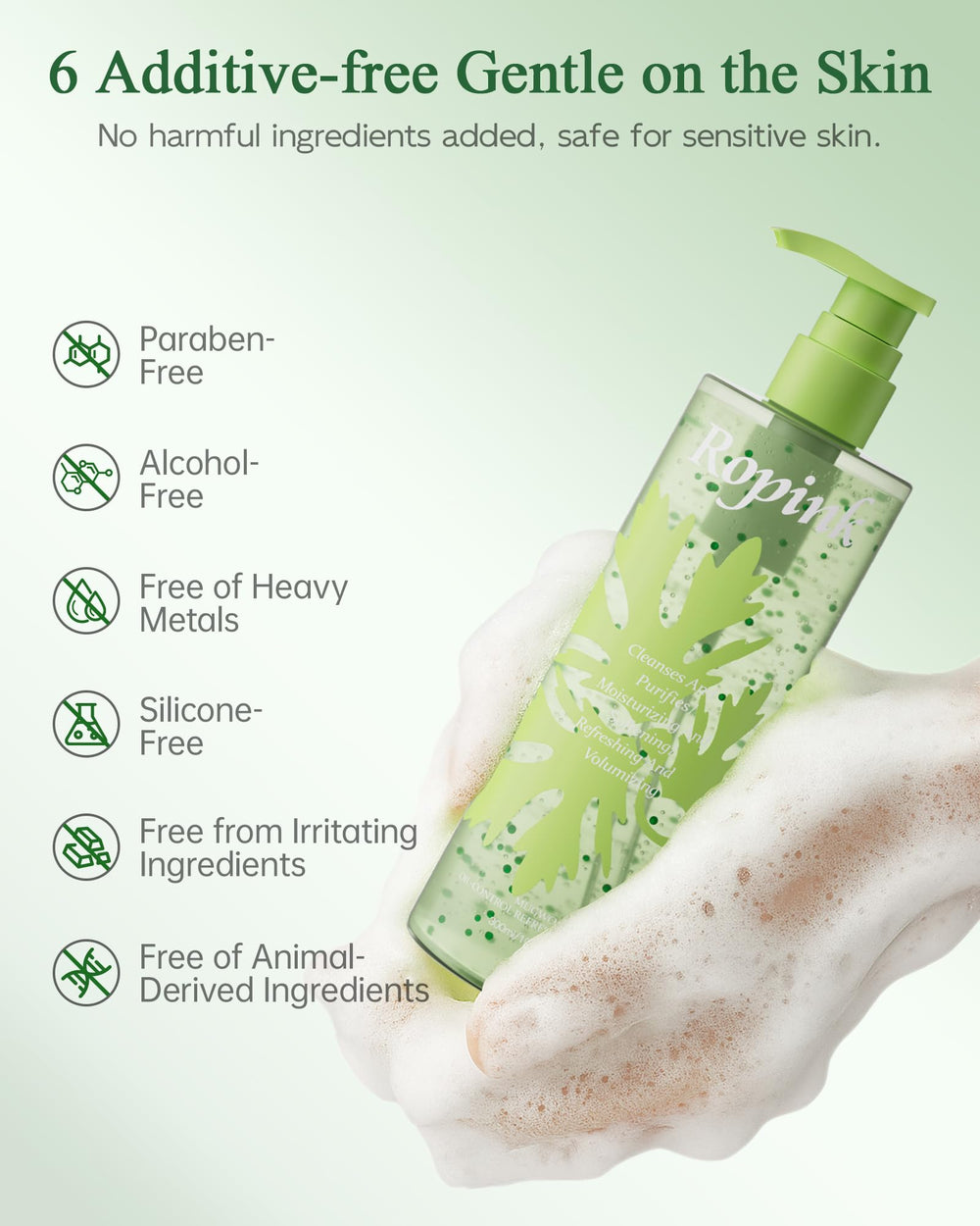 Bottle against a clean sink emphasizes a soothing, silicone-free daily cleanse.