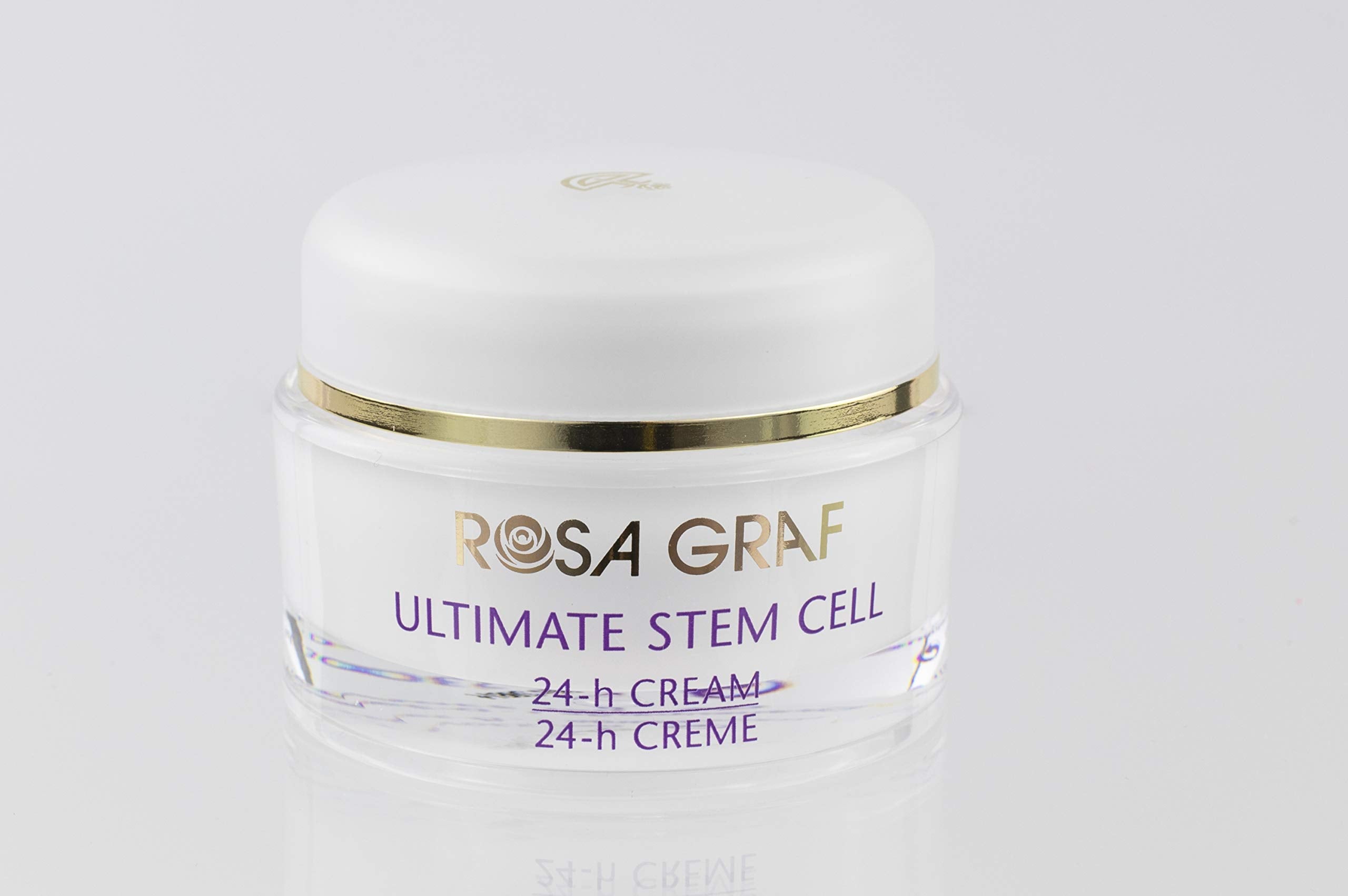 Rosa Graf Ultimate Stem Cell 24hr Cream jar showing hydrated skin and luxurious texture.
