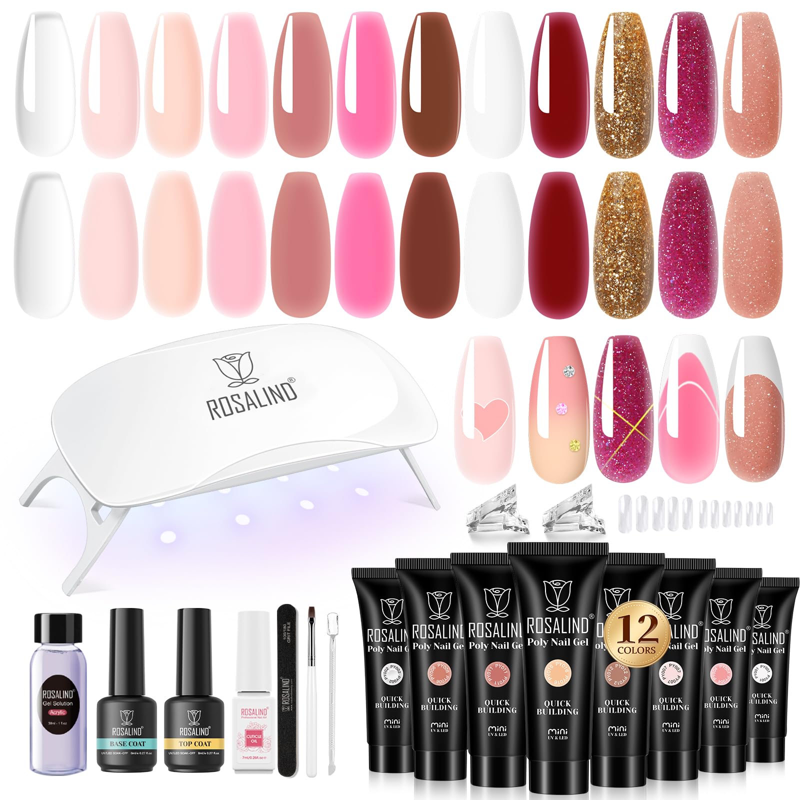 ROSALIND 12-color poly nail gels kit for pink and brown tones, ideal for at-home manicures.