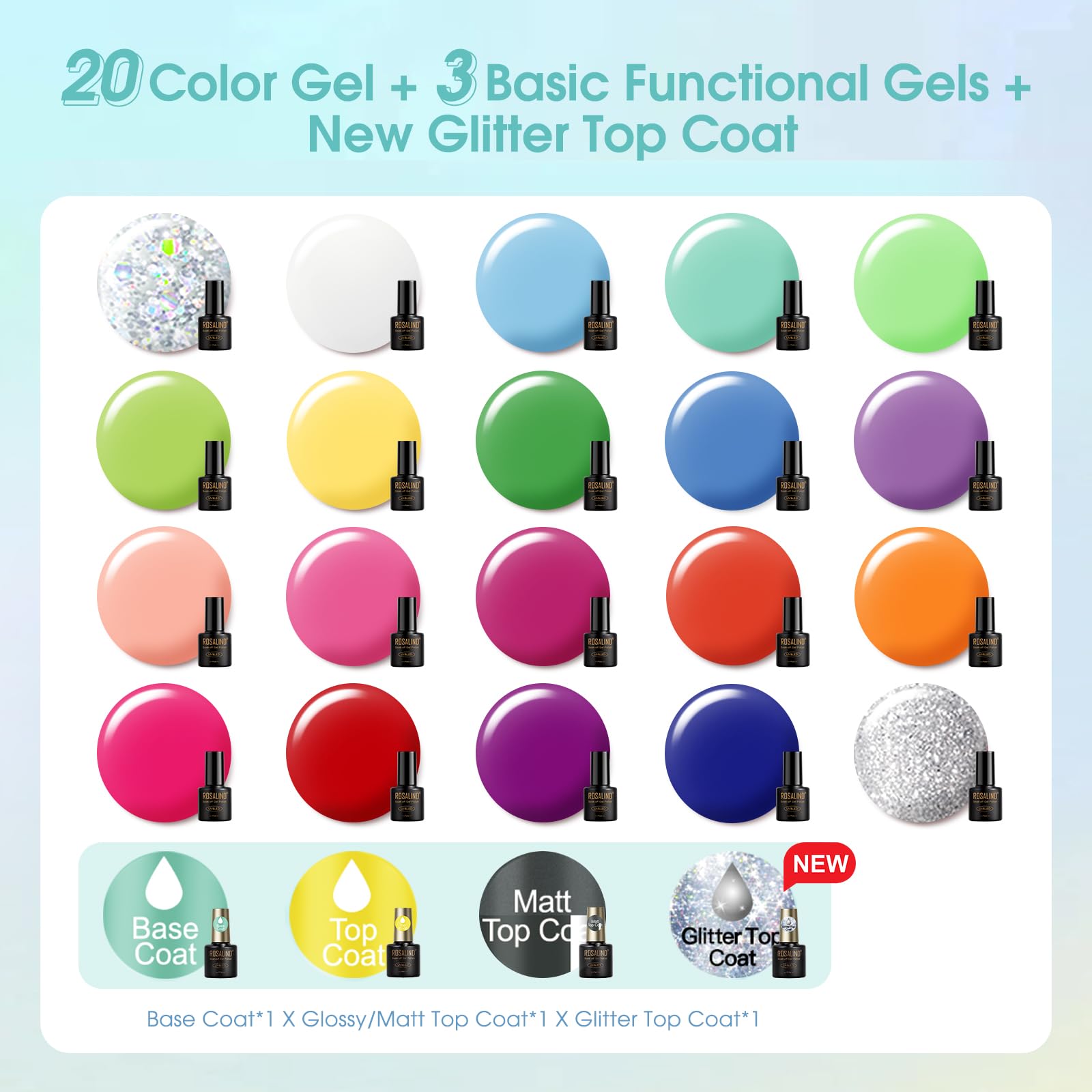 ROSALIND base and top coats set with glossy, matte, and glitter finishes