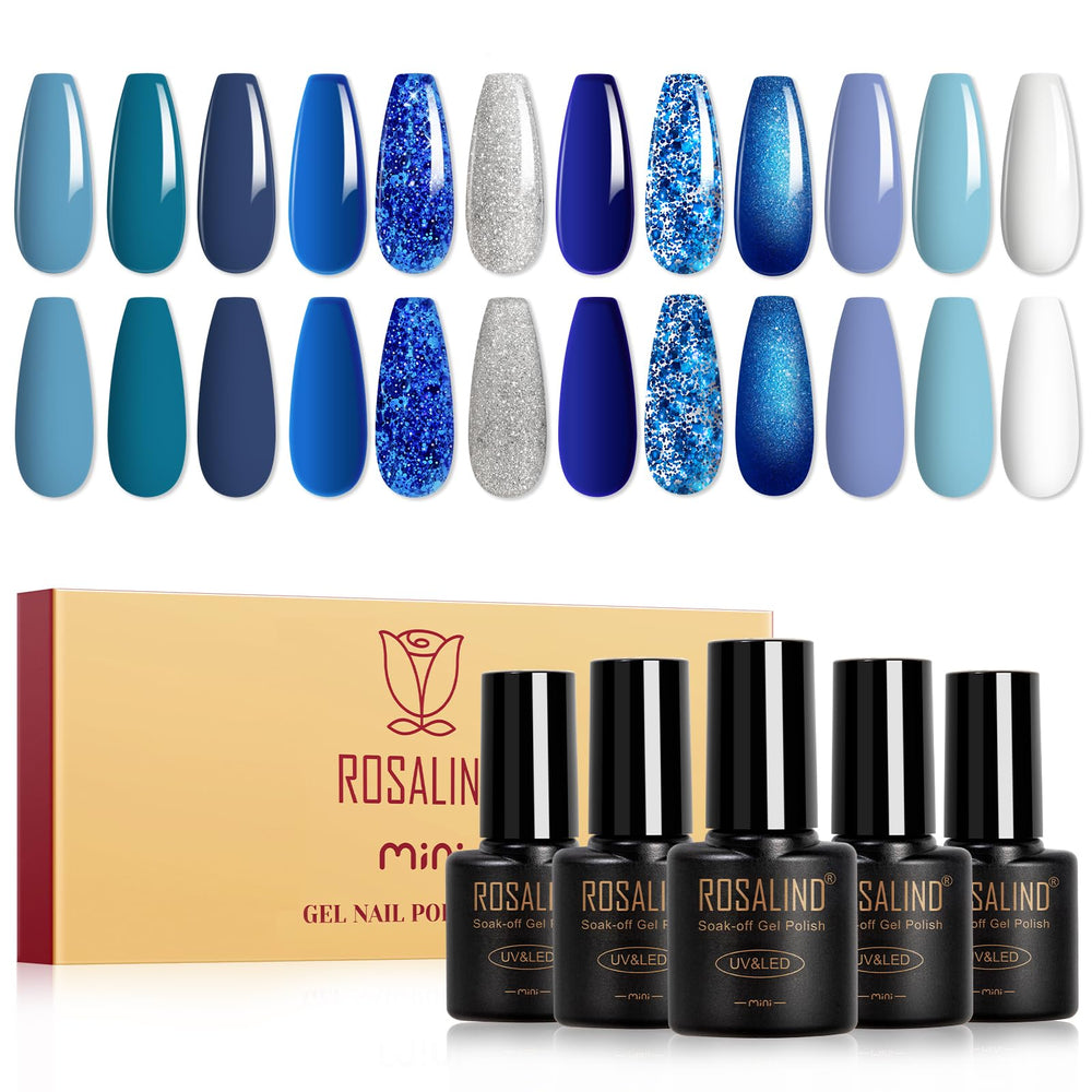 ROSALIND Blue Gel Nail Polish Set bottles displayed for cohesive blue manicures.