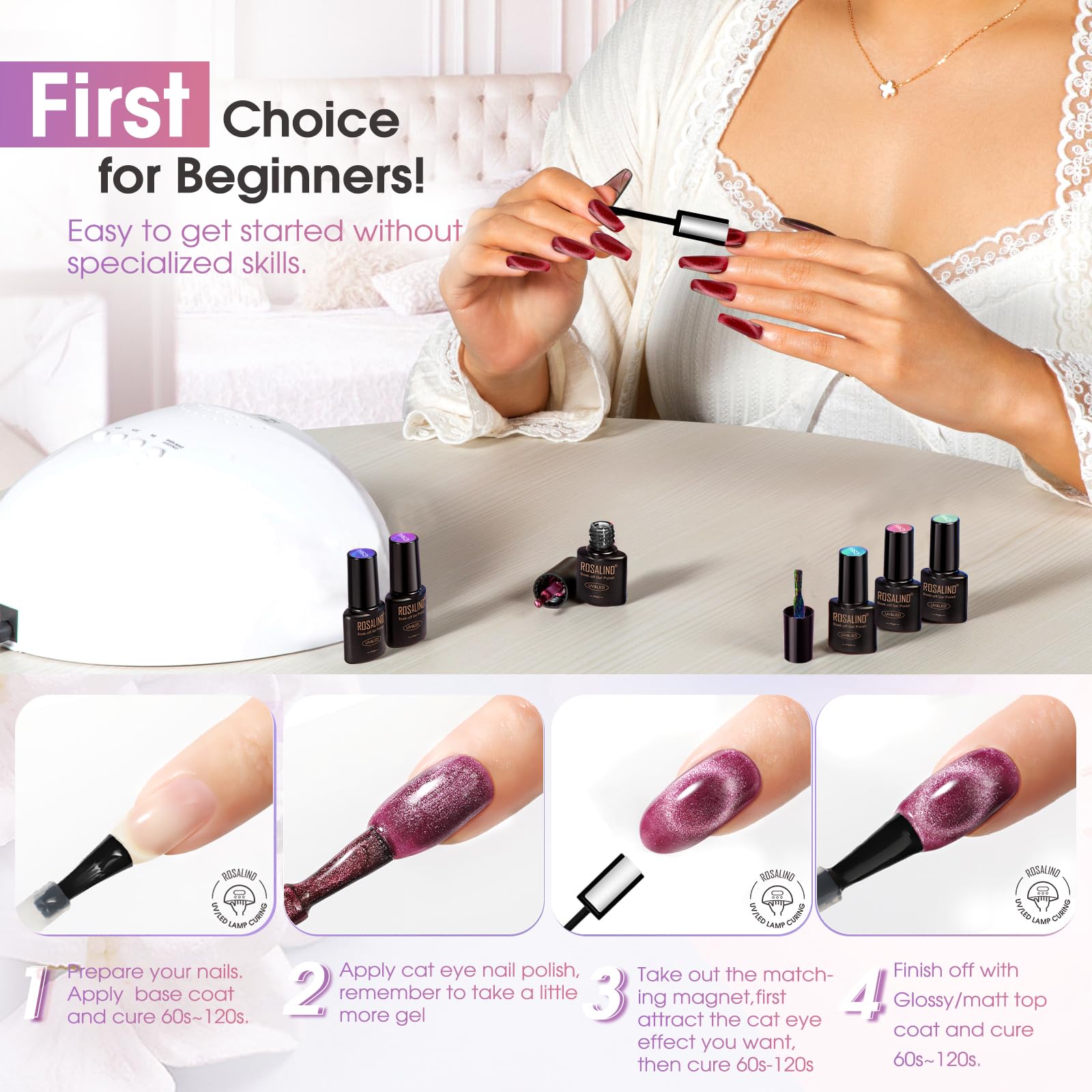 ROSALIND easy 3 step application guide for salon like nails.