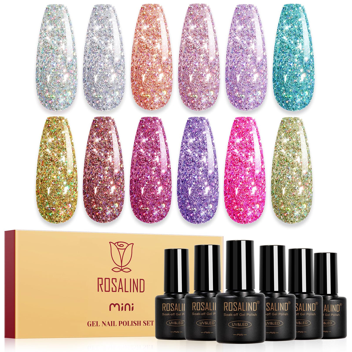 ROSALIND Glitter Gel Polish 12 shades for versatile sparkle nail art.