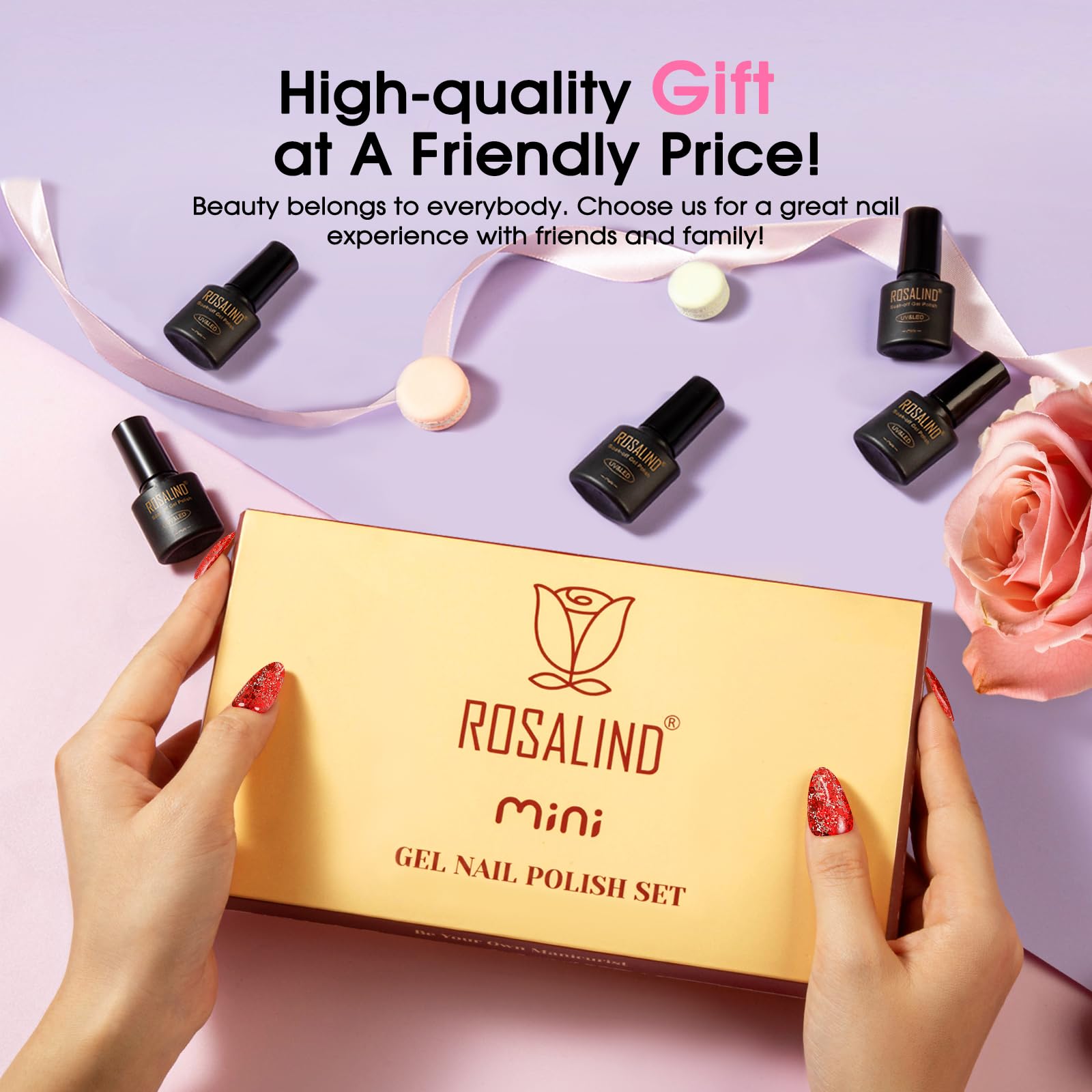 Rosalind Glitter Gel Nail Polish mini bottle close-up shows compact design
