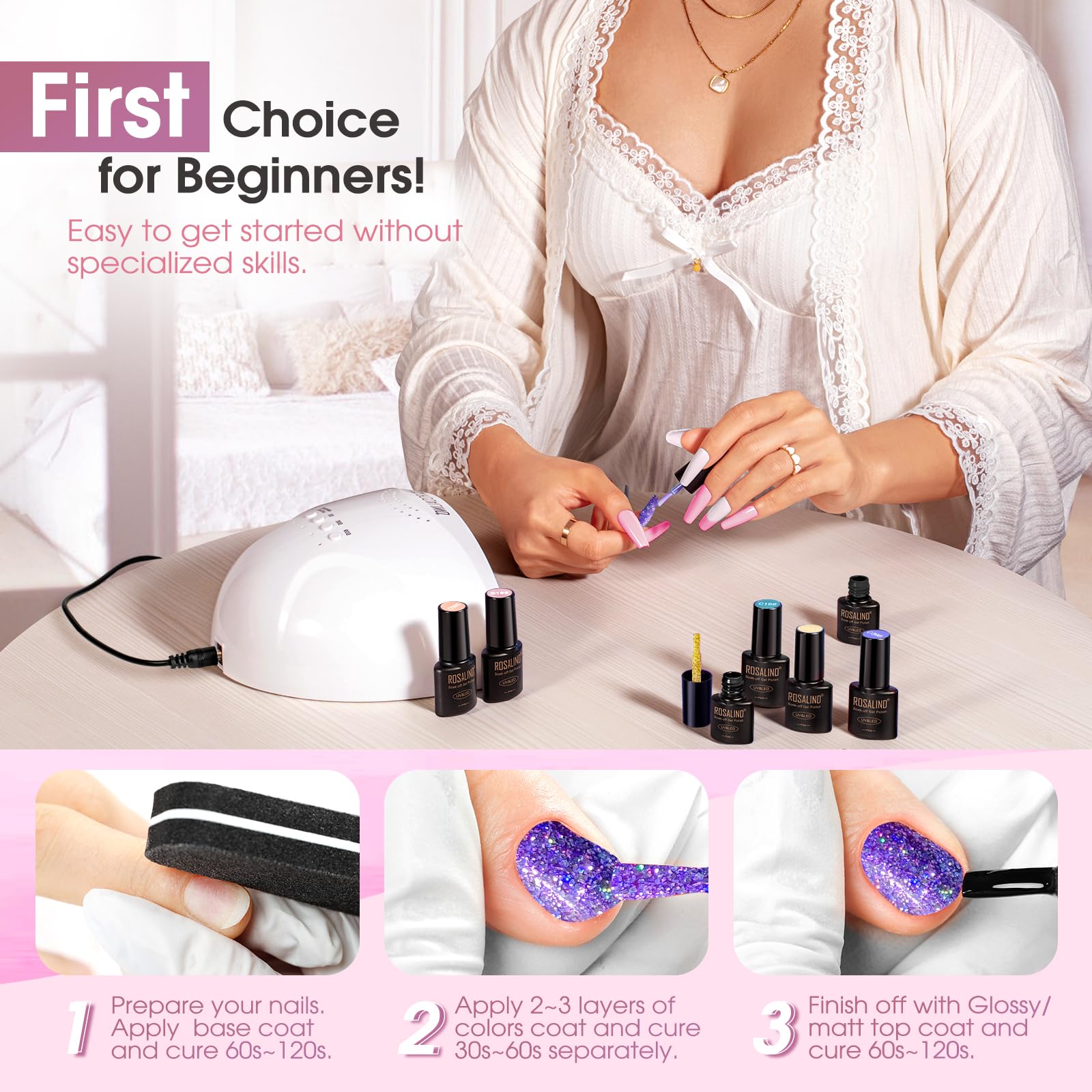 ROSALIND Nail prep buff shows cleansing and light buffing for adhesion.
