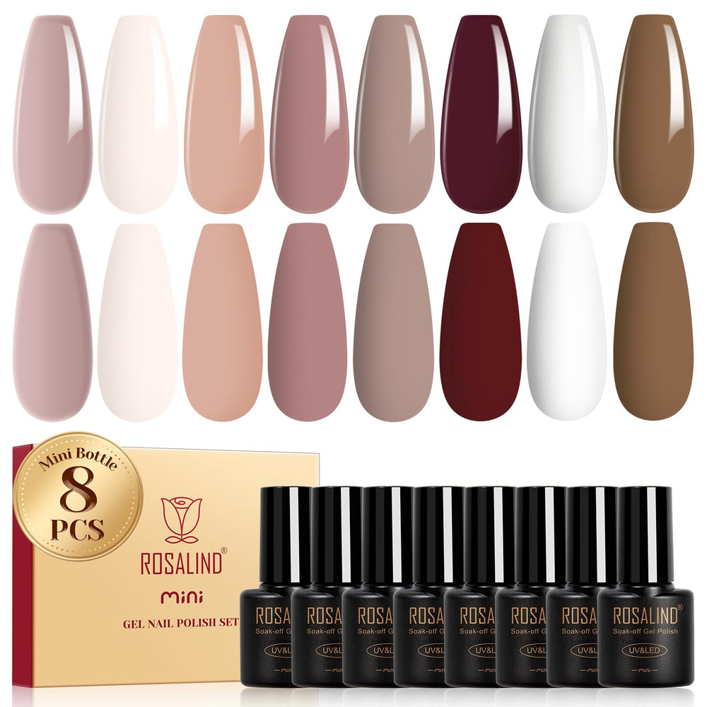 ROSALIND Nude Brown gel polish set front view with compact 5 ml bottles for on-the-go use.