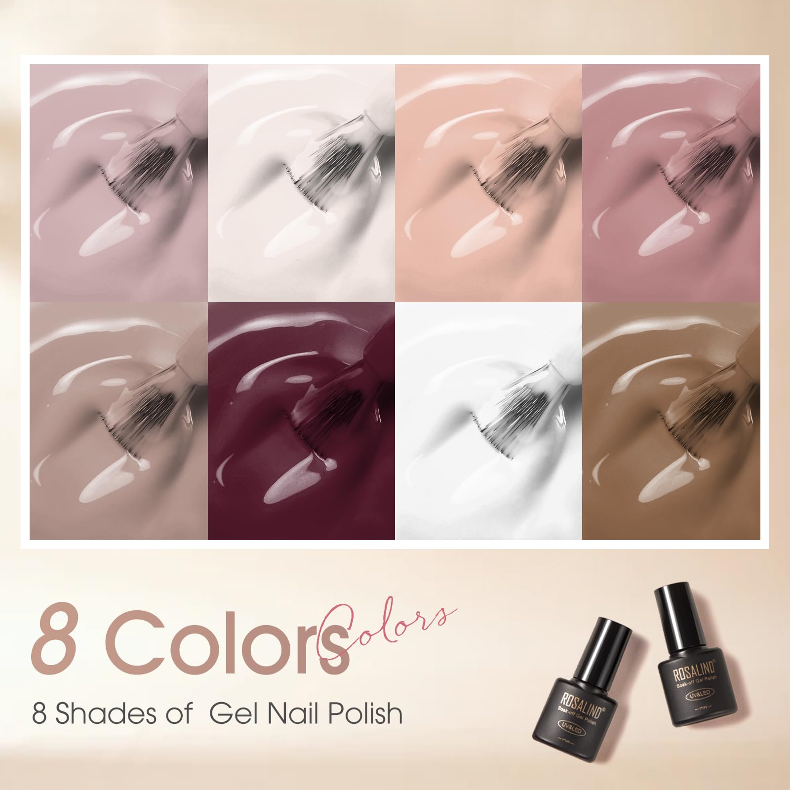 Eight nude-brown shades swatched for versatile nail looks with ROSALIND gel polish.