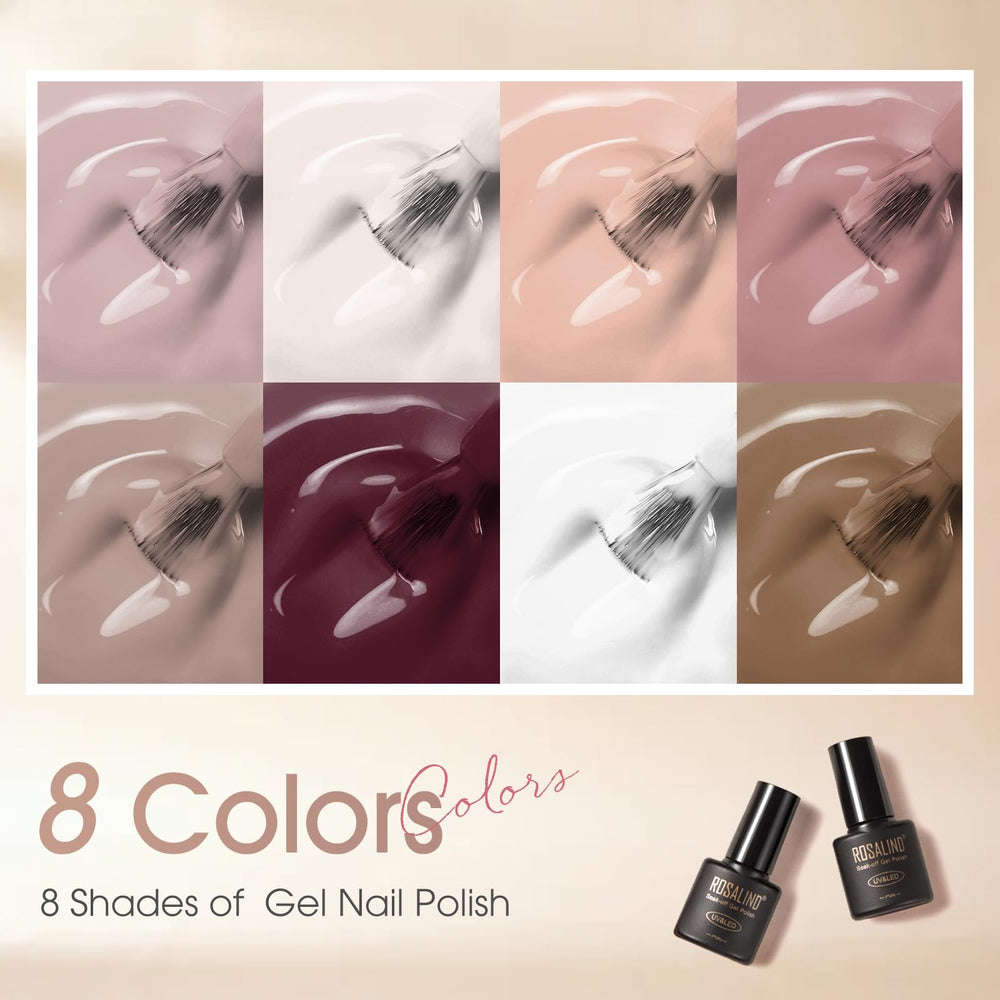 Eight nude-brown shades swatched for versatile nail looks with ROSALIND gel polish.