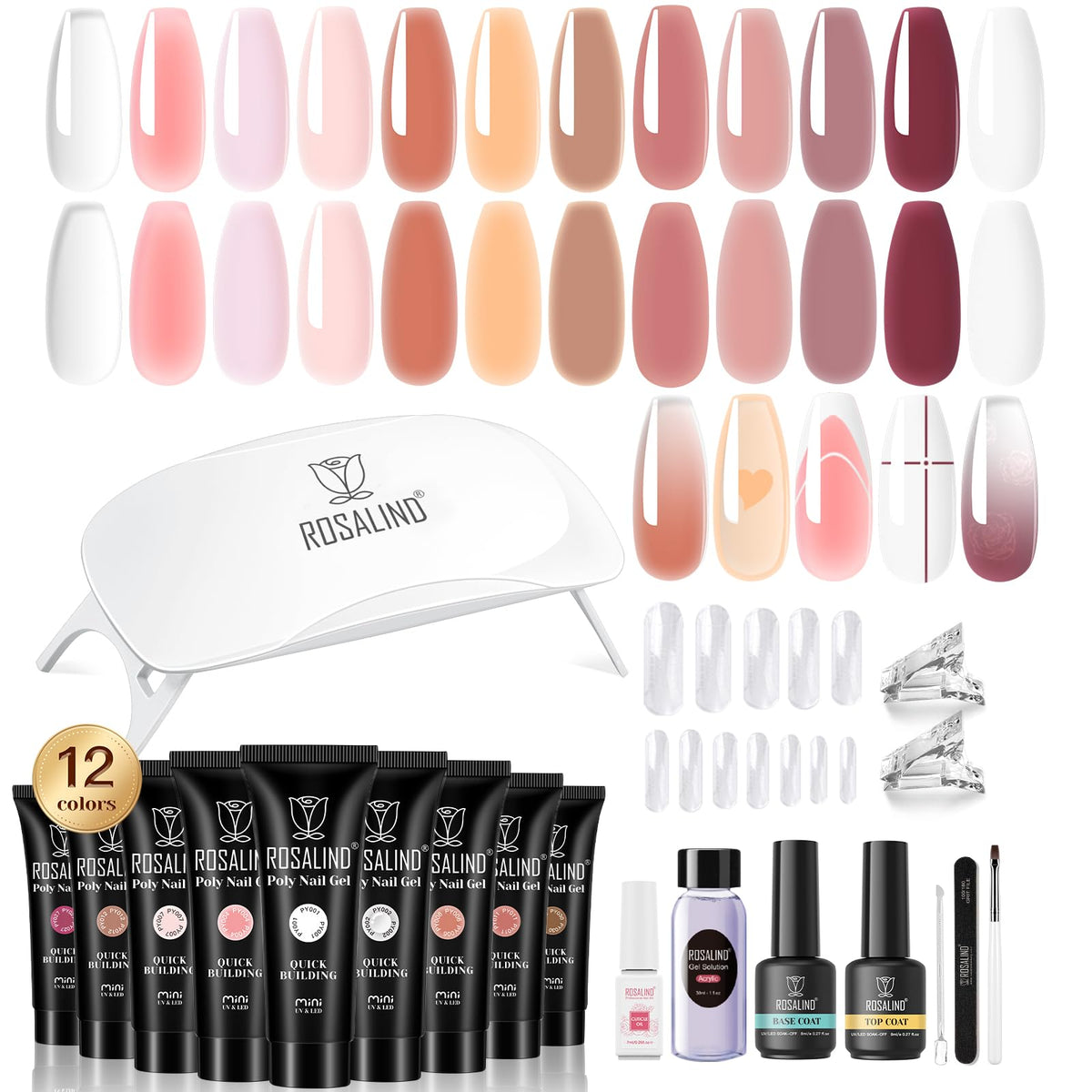 ROSALIND pink poly nail gel kit 12 colors for versatile at-home nail art.