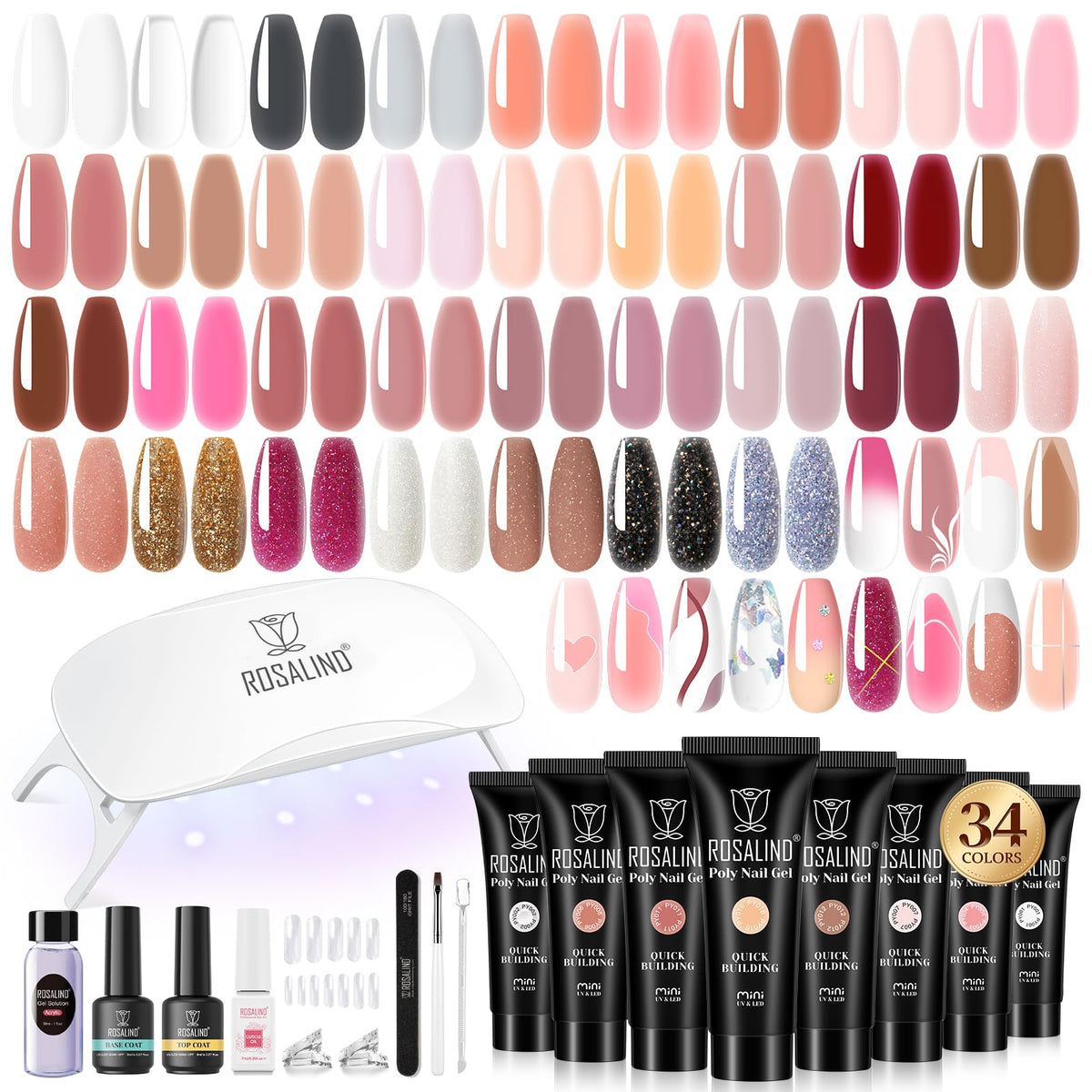 ROSALIND poly nail gel kit 34 colors display for versatile nail art options
