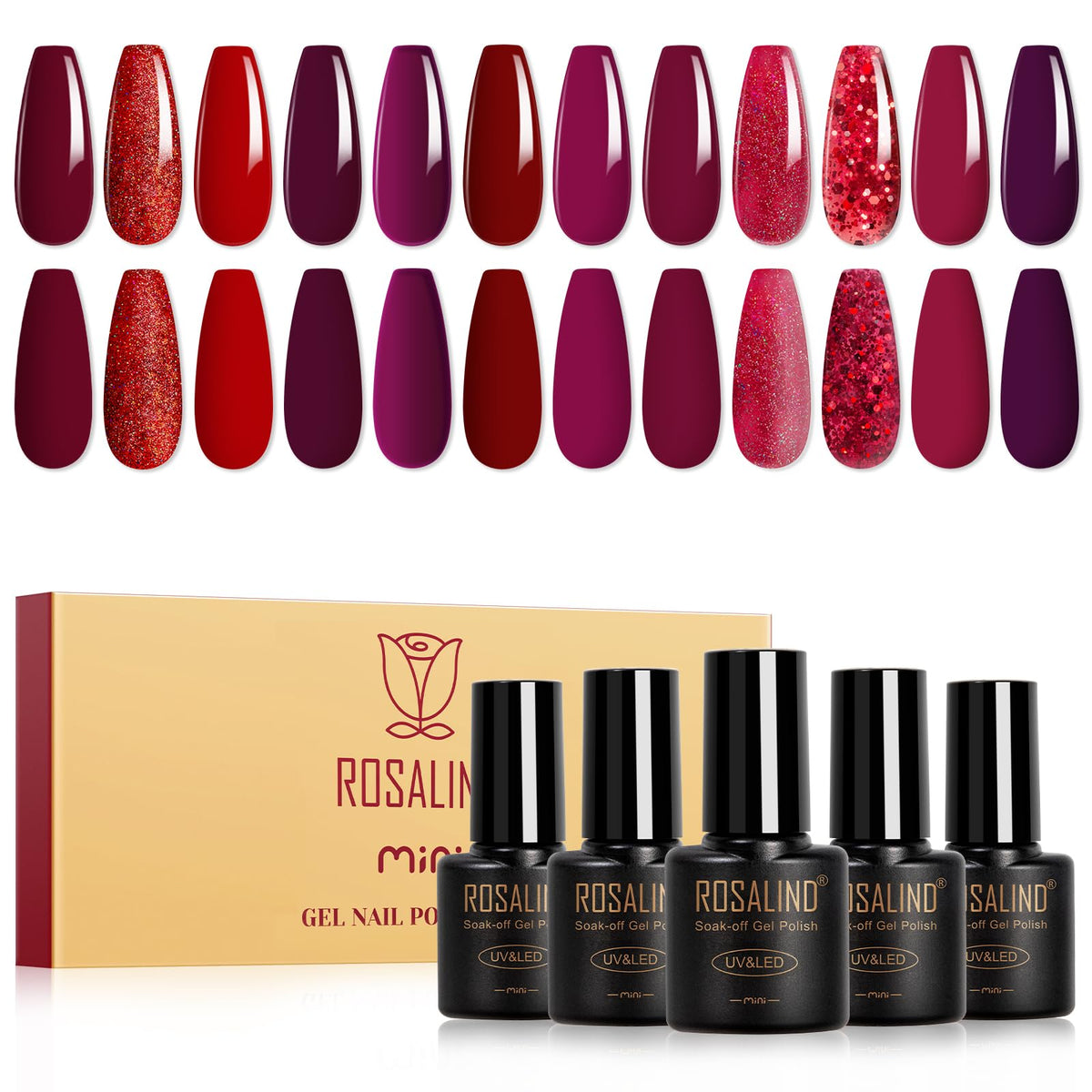ROSALIND red gel polish 12-color gift box with compact 5ml bottles for travel-ready nails