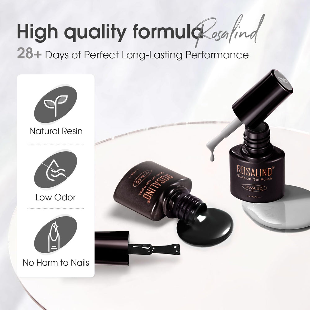ROSALIND top coat comparison card demonstrates matte and glitter effects.