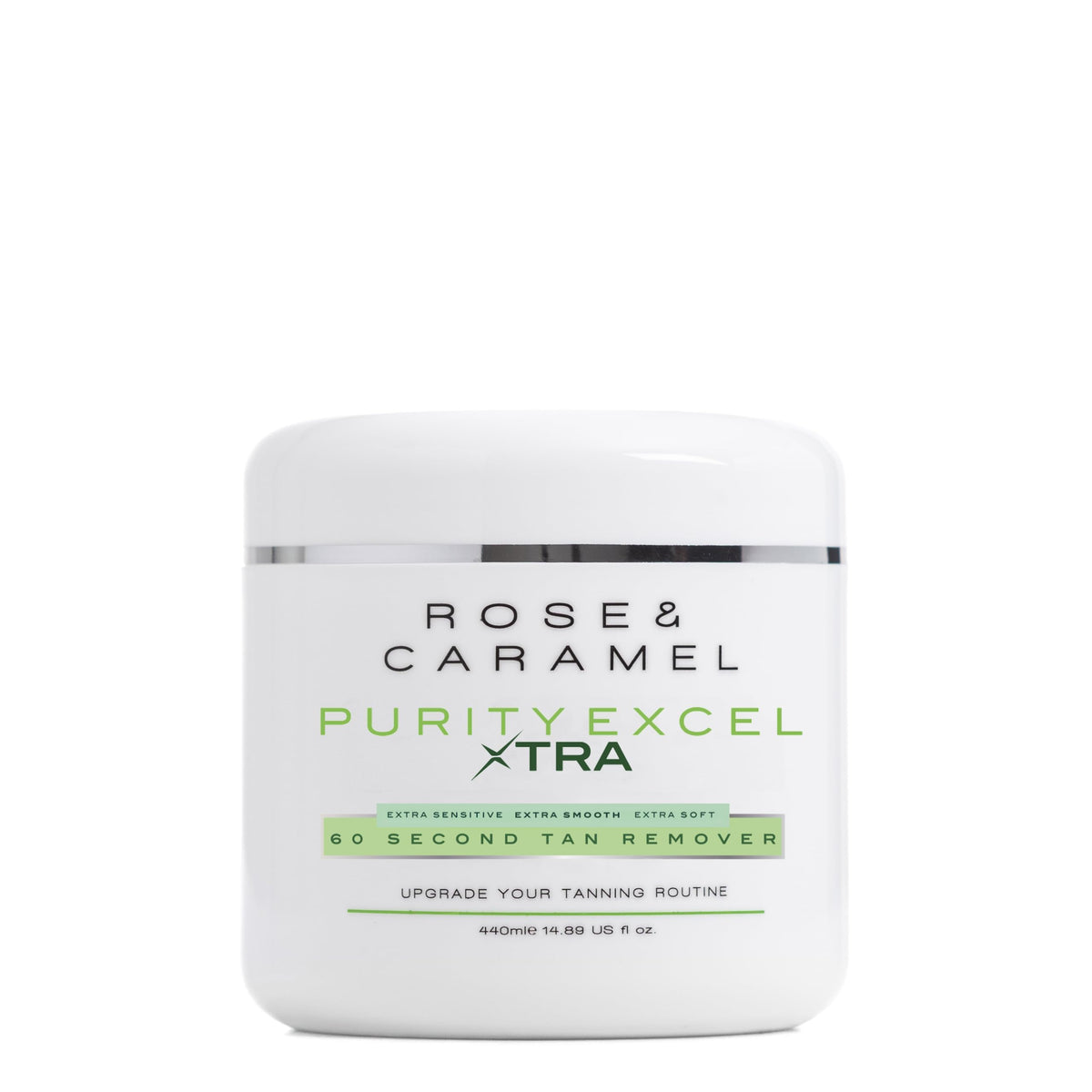 Rose & Caramel Purity Xtra bottle close-up showing premium self-tan remover design and branding.
