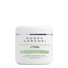 Rose & Caramel Purity Xtra bottle close-up showing premium self-tan remover design and branding.