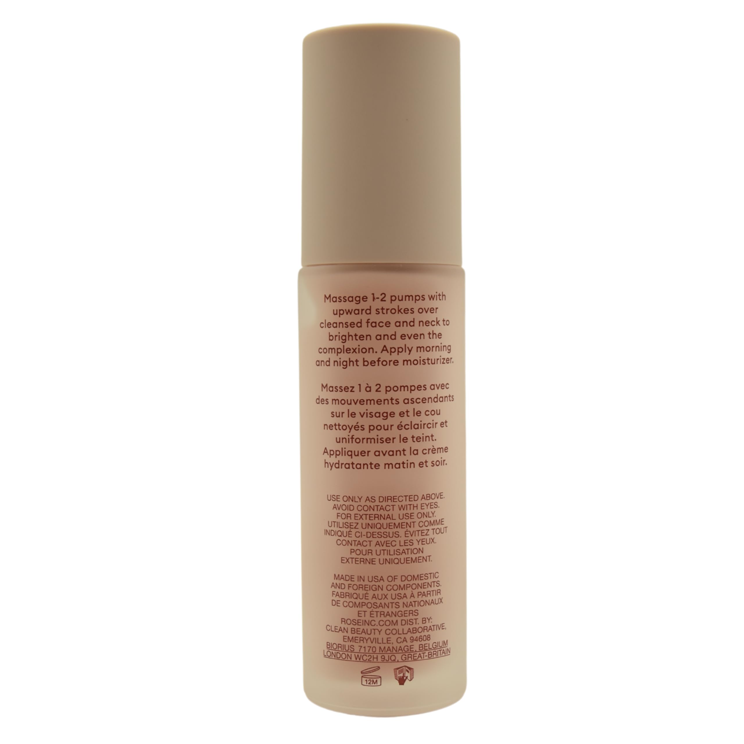 Rose Inc Radiant Reveal serum on skin with soft illumination suggesting radiance.