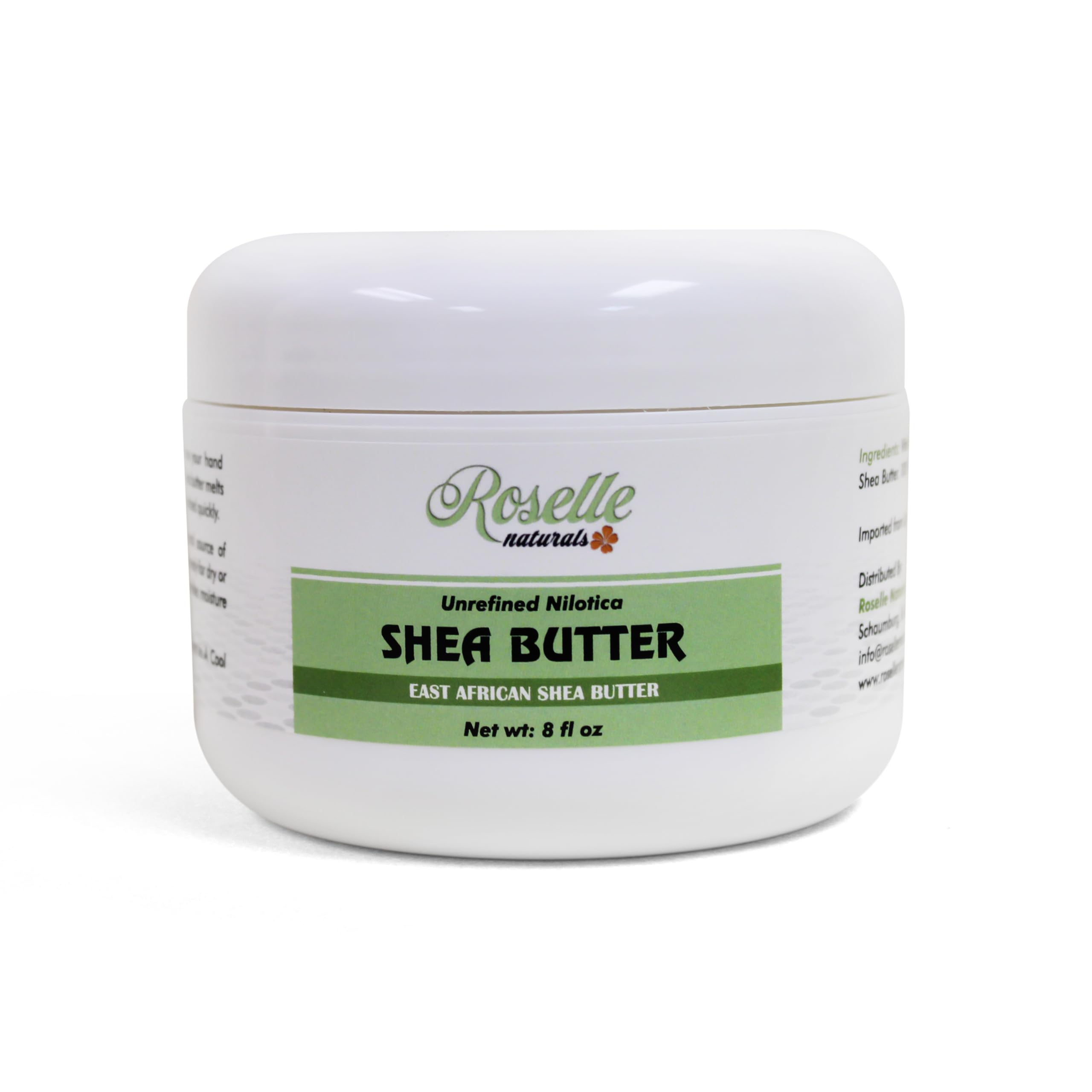 Roselle Naturals African Shea Butter packaging highlights premium unrefined butter for deep hydration.