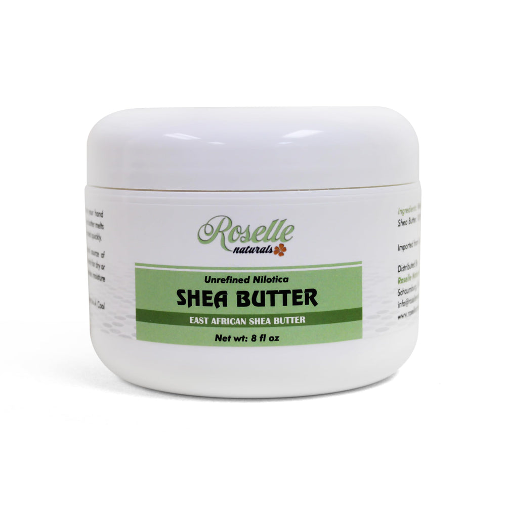 Roselle Naturals African Shea Butter packaging highlights premium unrefined butter for deep hydration.