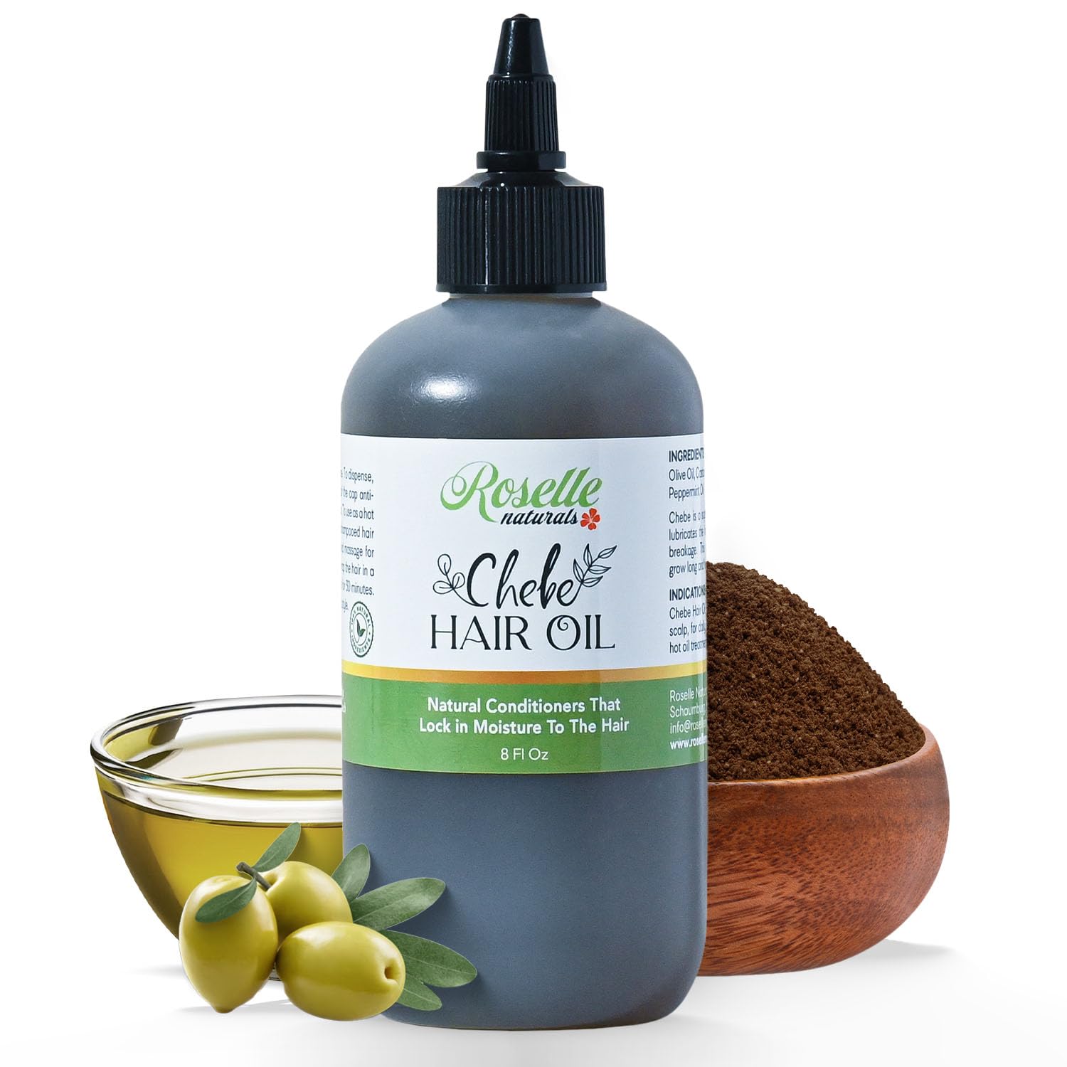 Roselle Naturals Chadian Hair Oil bottle promoting hydration and sleek shine for healthy-looking hair.