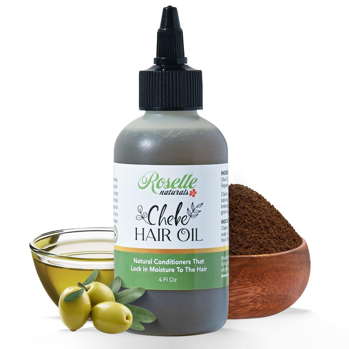 Roselle Naturals Chebe Oil bottle front view showing moisture-friendly formula