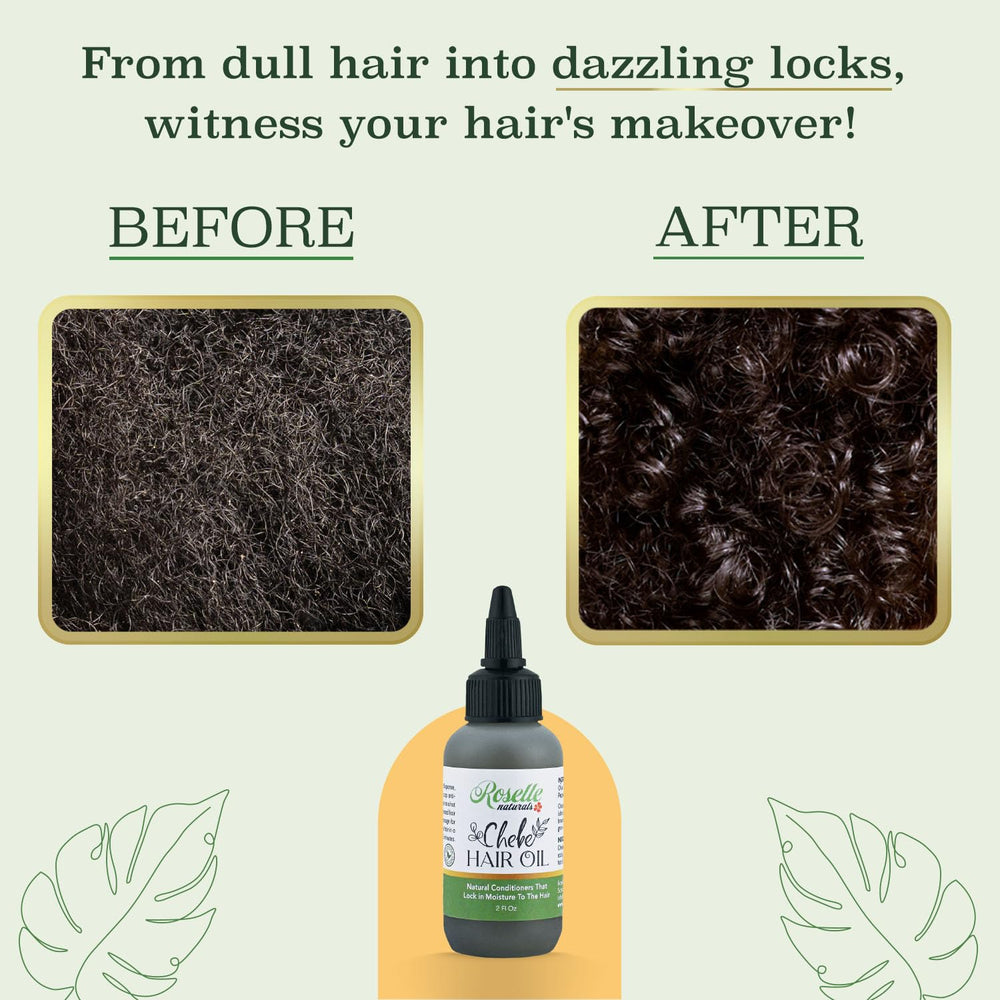 Roselle Naturals Chebe Oil on hair strands indicating reduced breakage