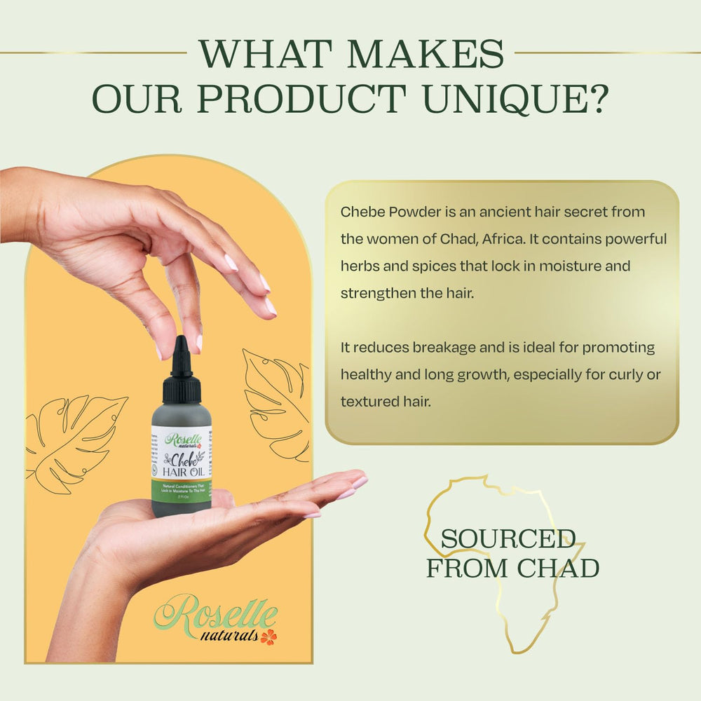 Roselle Naturals Chebe Oil ingredients jar scene emphasizes nourishing oils