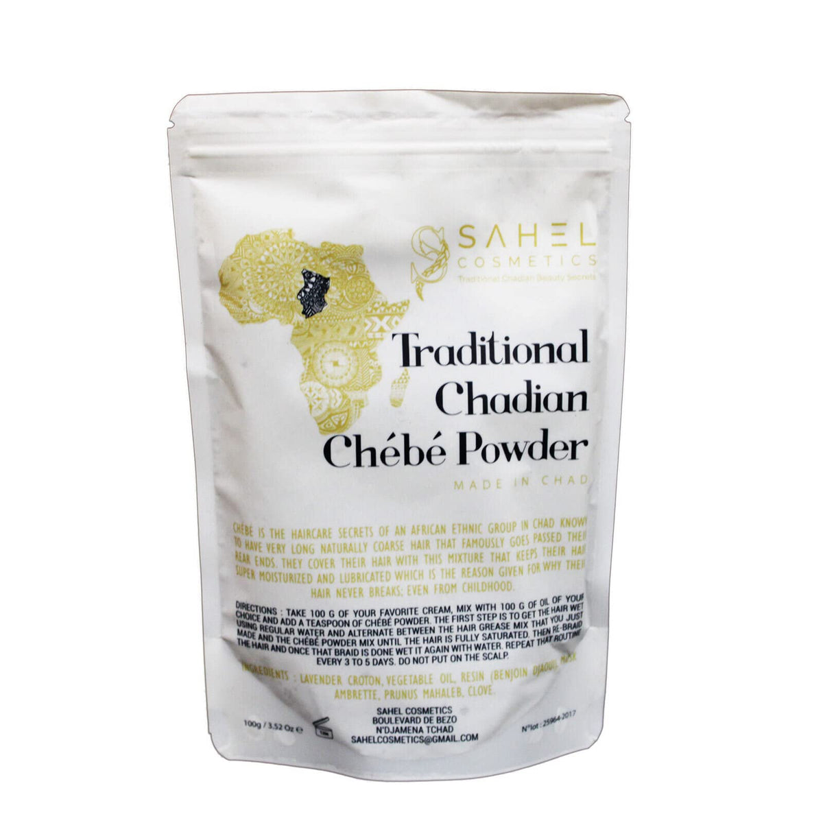 Roselle Naturals Chebe Powder from Chad in a jar promoting moisture and hair growth.
