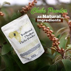 Roselle Naturals Chebe Powder packaging visible for premium deep conditioning.