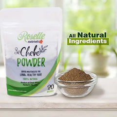 Roselle Naturals Chebe Powder close-up shows rich texture for dry hair care.