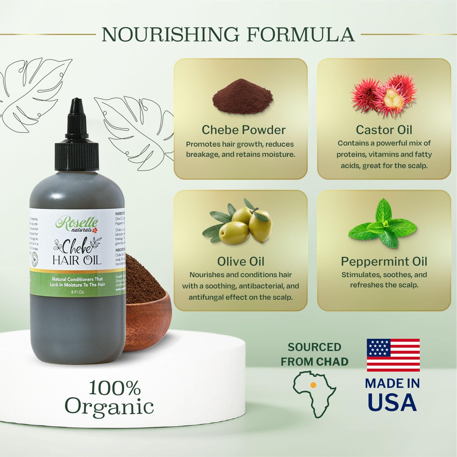 Roselle Naturals Chebe powder visual highlighting traditional ingredients for stronger strands.