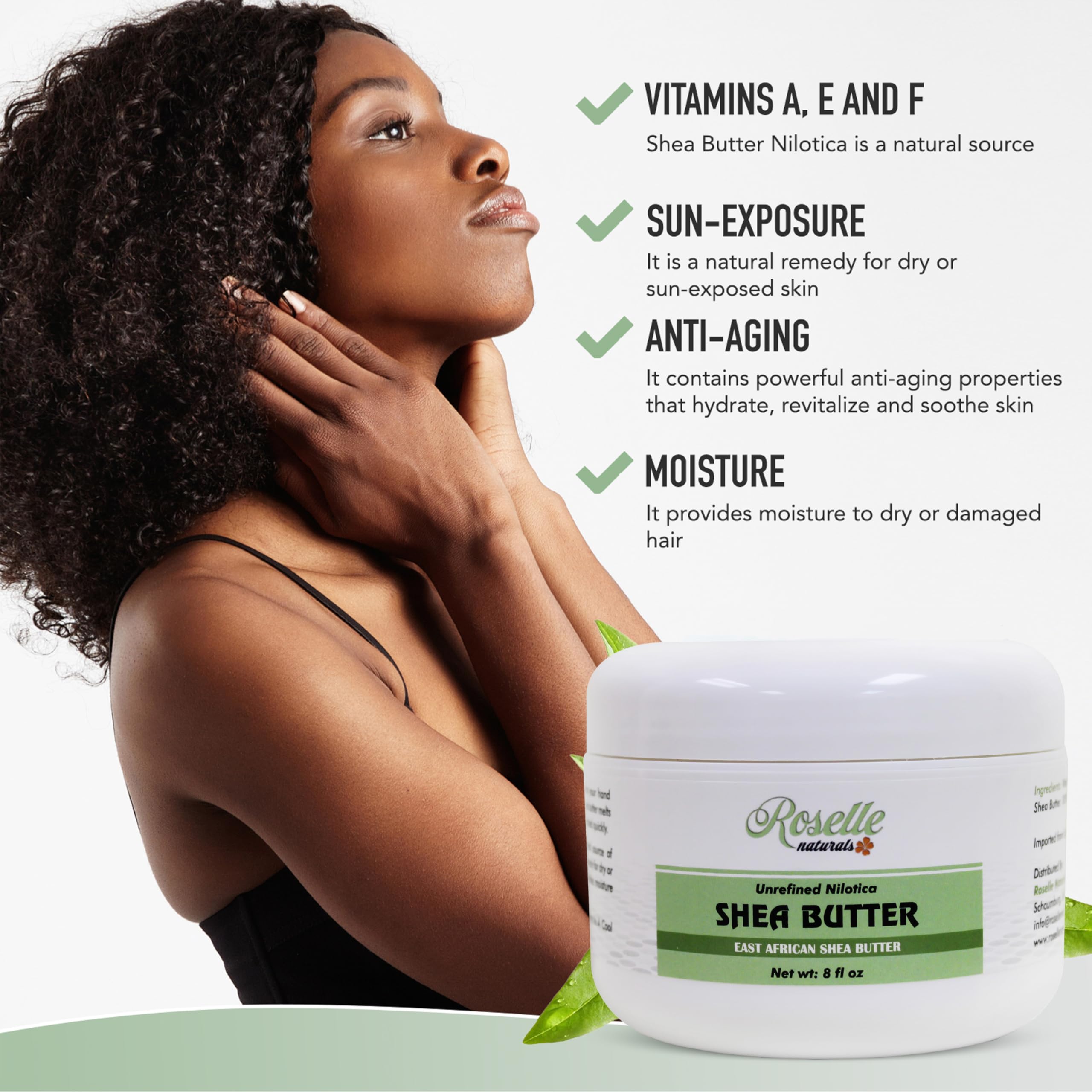 Roselle Naturals Shea Butter application on face demonstrates quick absorption and non-greasy feel.