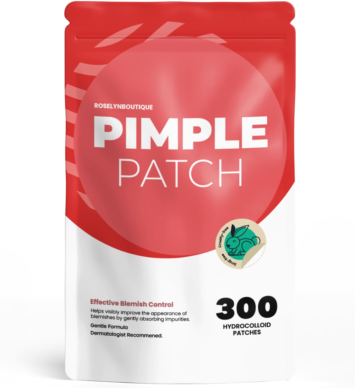 ROSELYNBOUTIQUE pimple patches pack shot showing 300-count pouch for easy acne care.