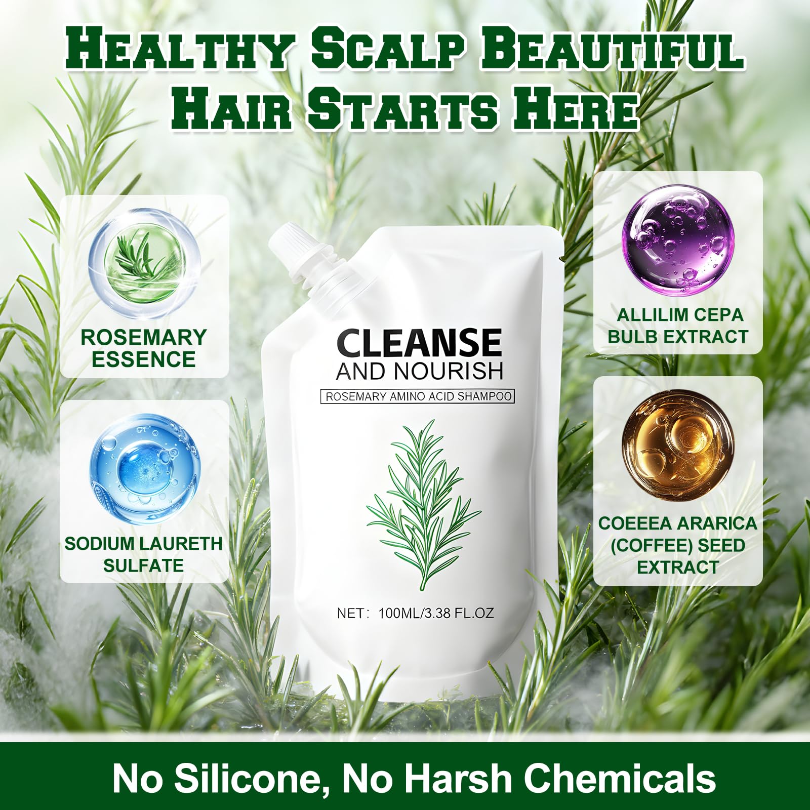 Rosemary Amino Acid Shampoo hair tips image suggesting stronger strands and shine
