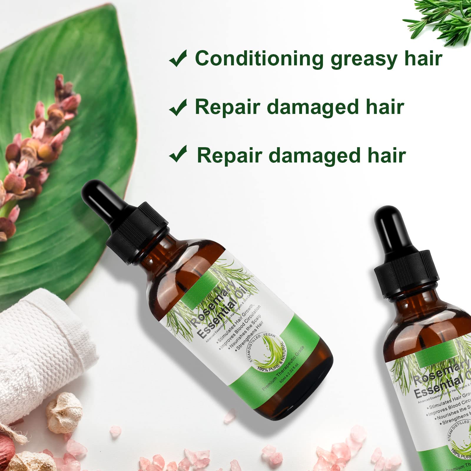 Scalp-friendly rosemary oil bottle applying to nourish follicles and promote shine.
